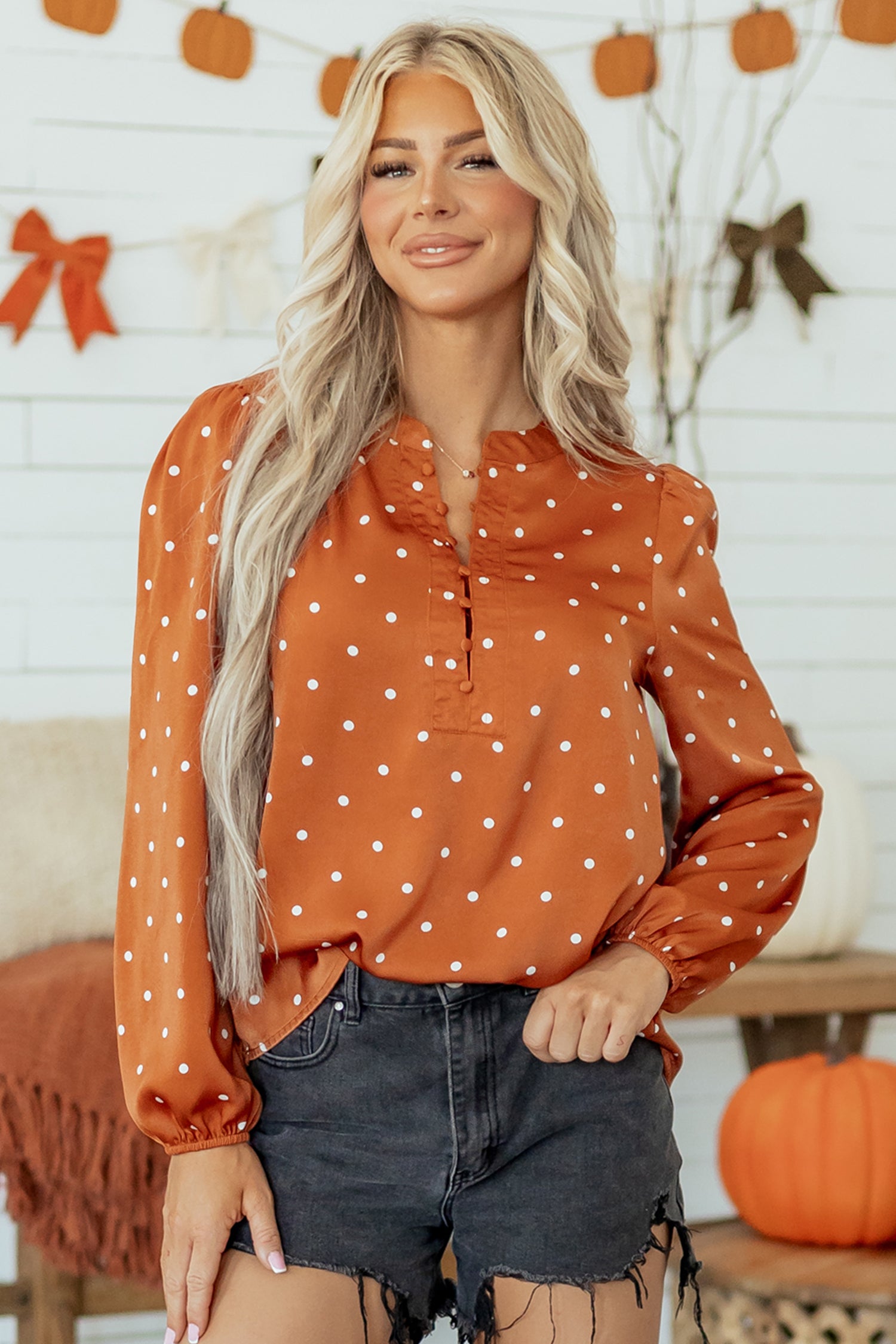 Polka Dot Half Button V Neck Long Sleeve Blouse – Brown