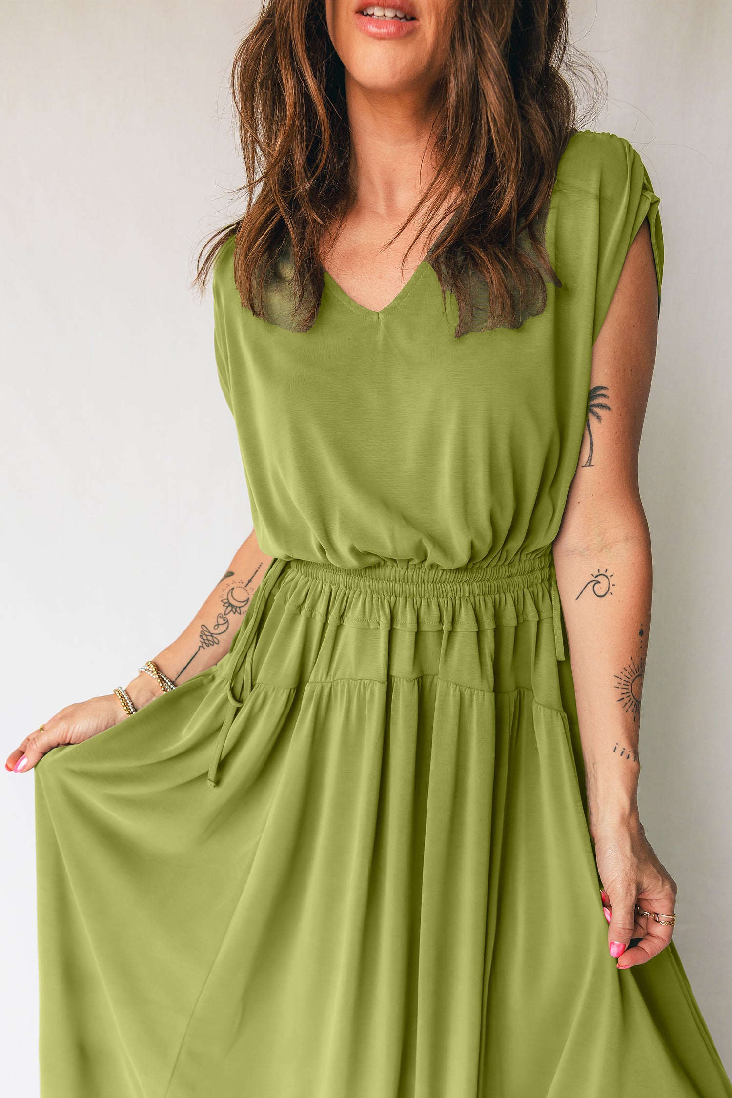 V-Neck Cap Sleeve Tunic Elastic Waist Versatile Maxi Dress