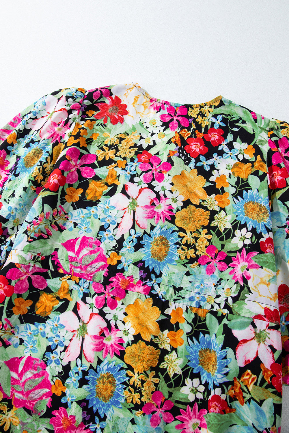Green Floral Puff Sleeve V Neck Tassel Drawstring Dress eAura
