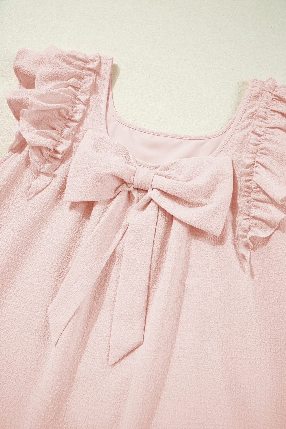Light Pink Textured Flutter Sleeve Square Neck Bow Back Mini Dress eAura