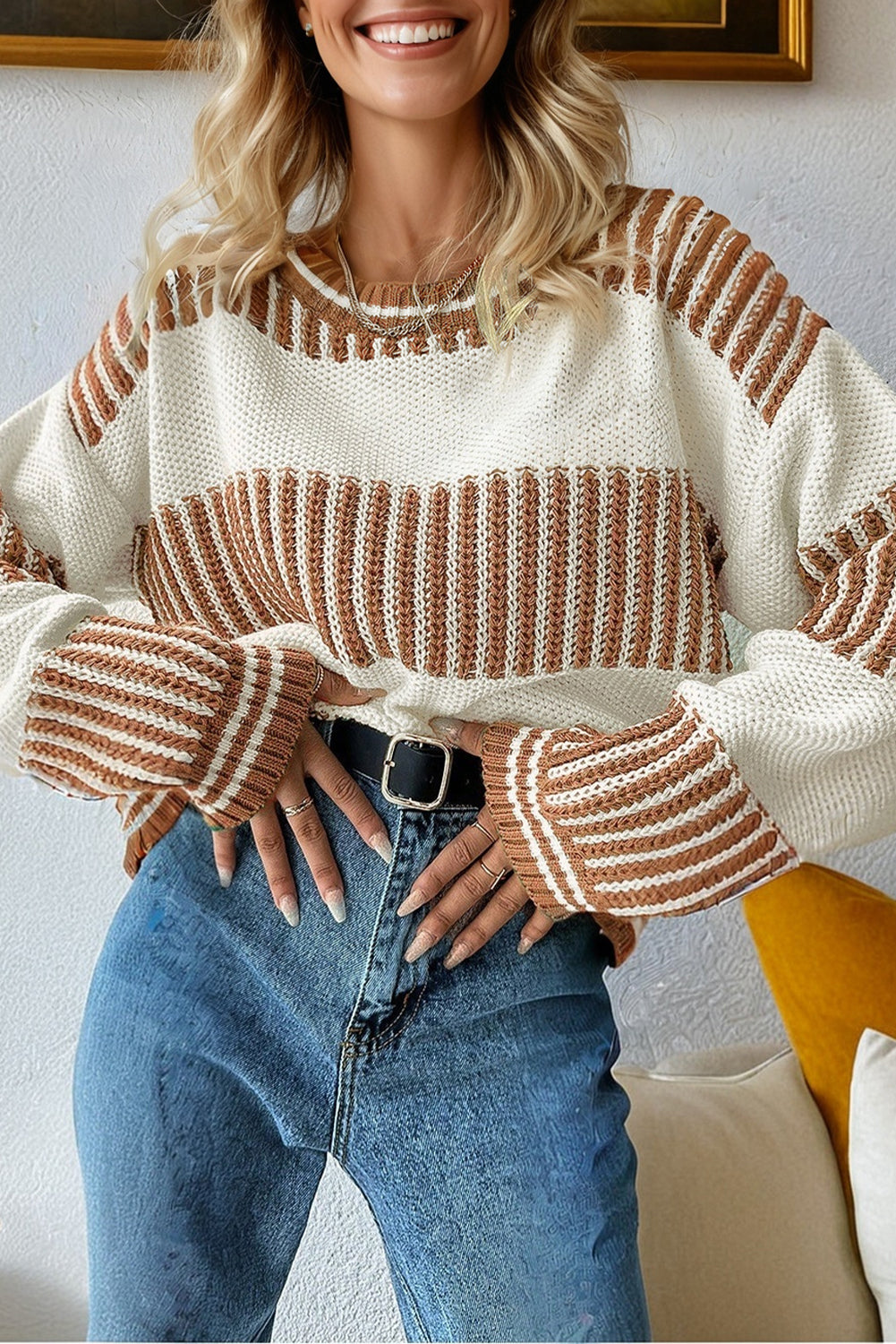 Two Tone Striped Patchwork Drop Shoulder Oversized Sweater eAura