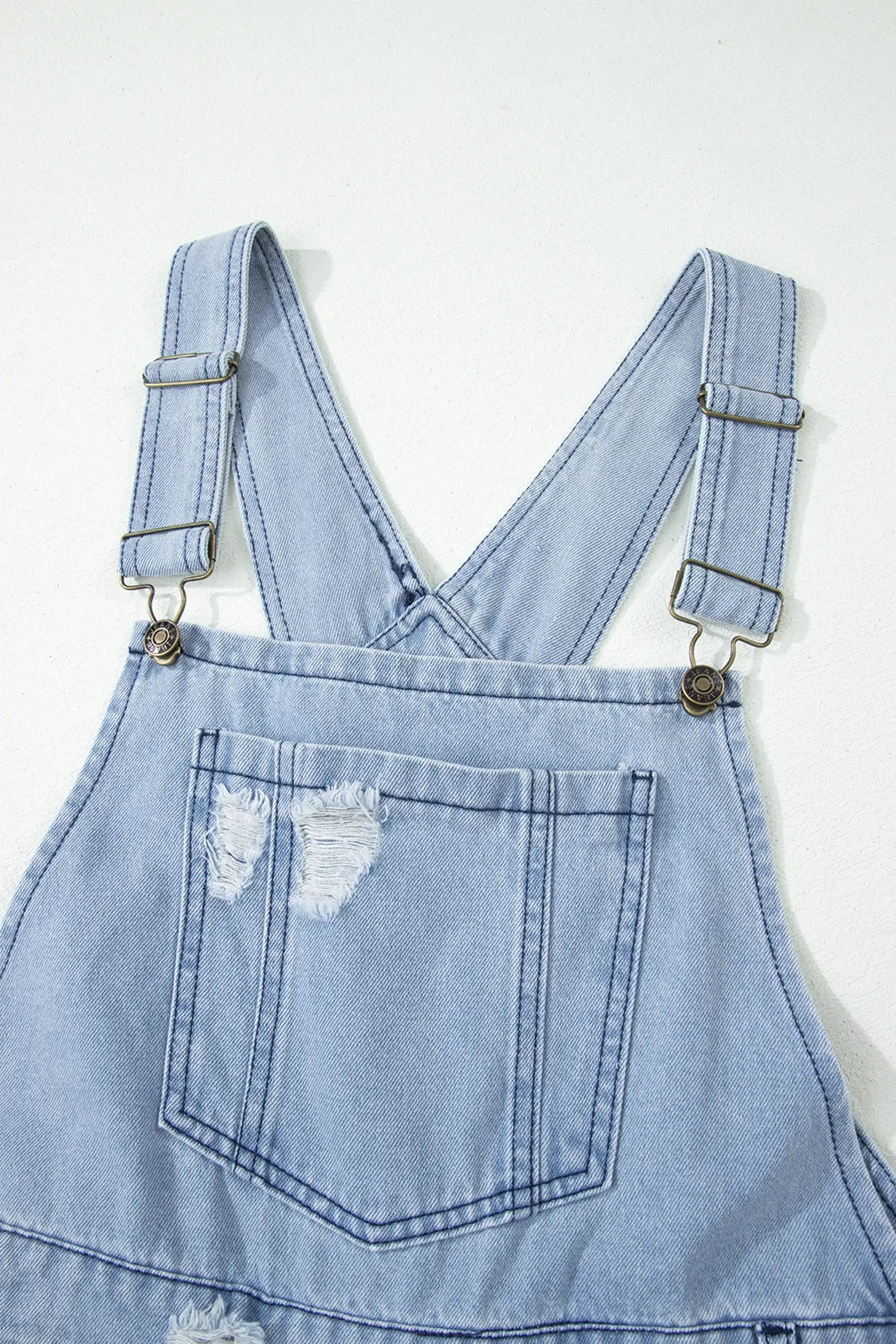 Mist Blue Retro Distressed Button Adjustable Straps Denim Overall Jumpsuit