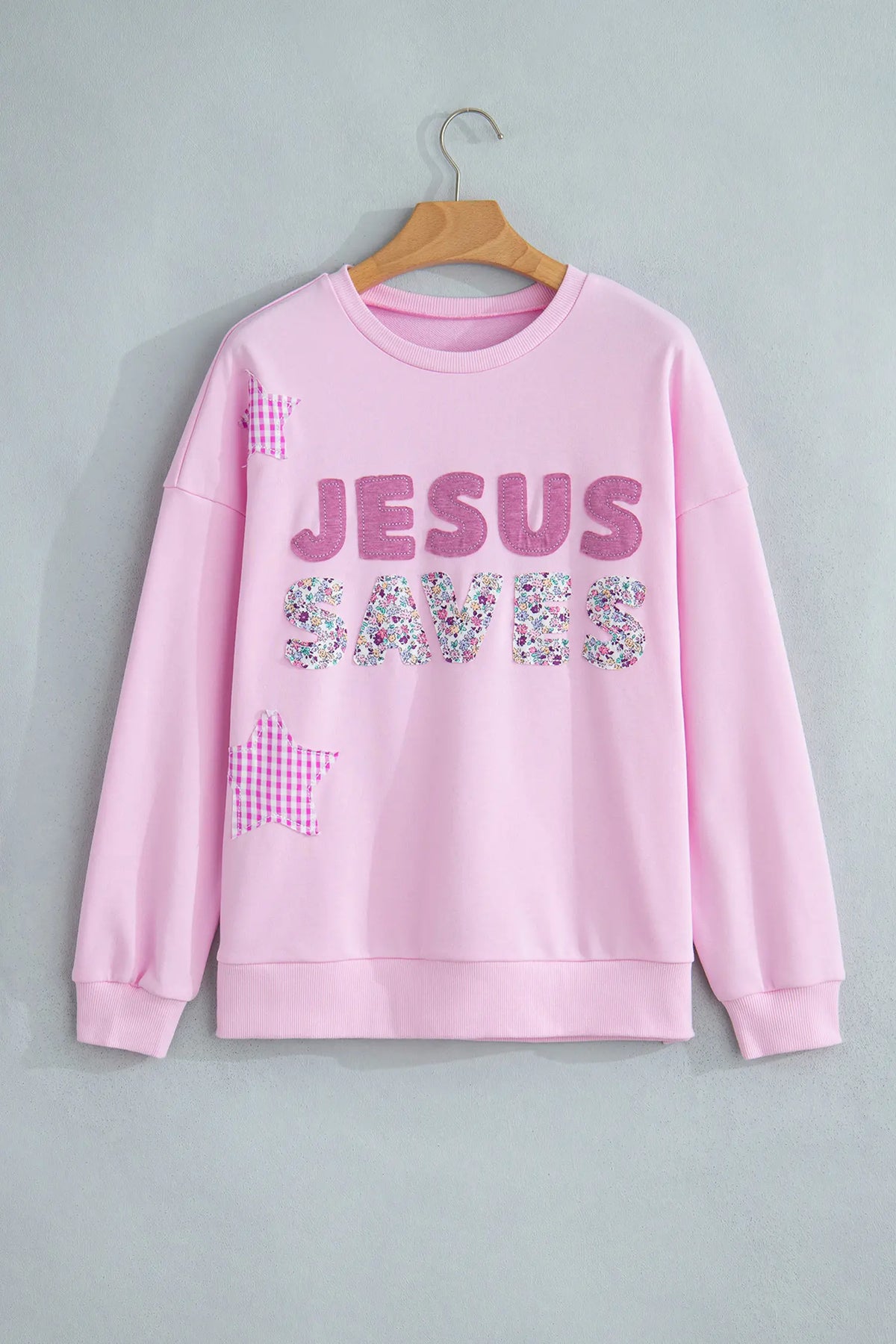 Plus Size Sweatshirt — JESUS SAVES Gingham Star Patchwork Detail