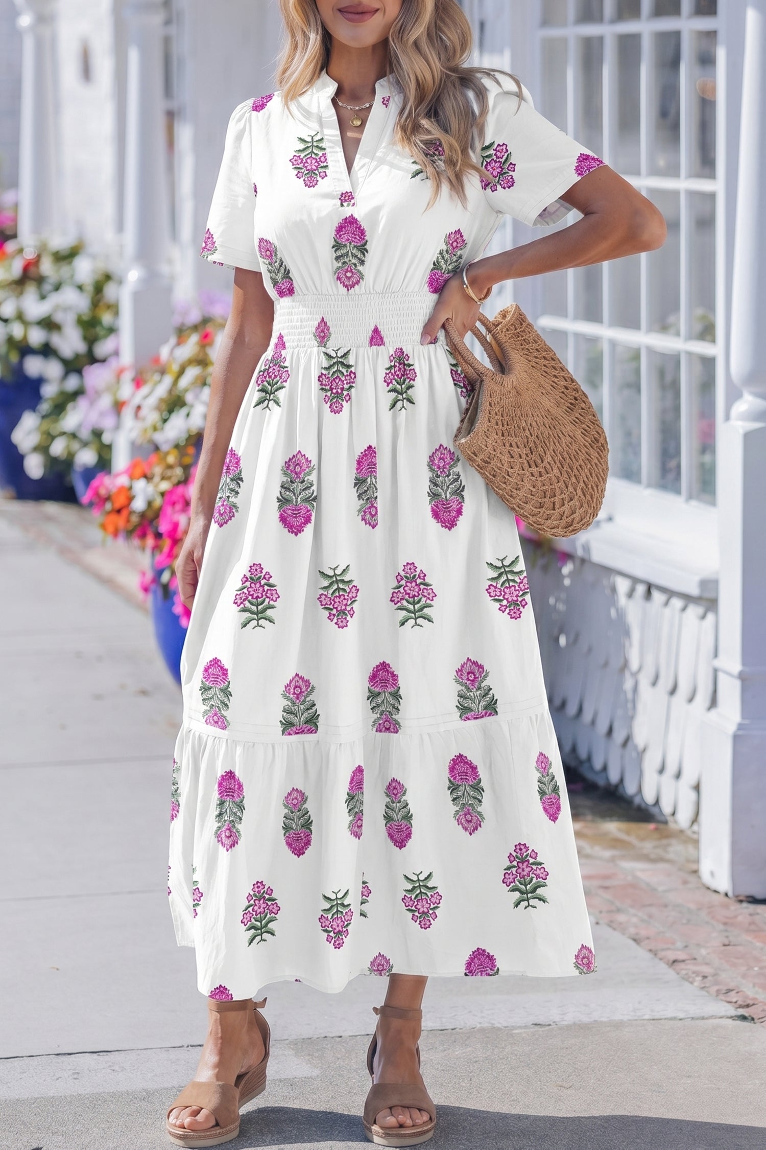 Floral Print Split Neck Shirred Waist Ruffle Hem Maxi Dress