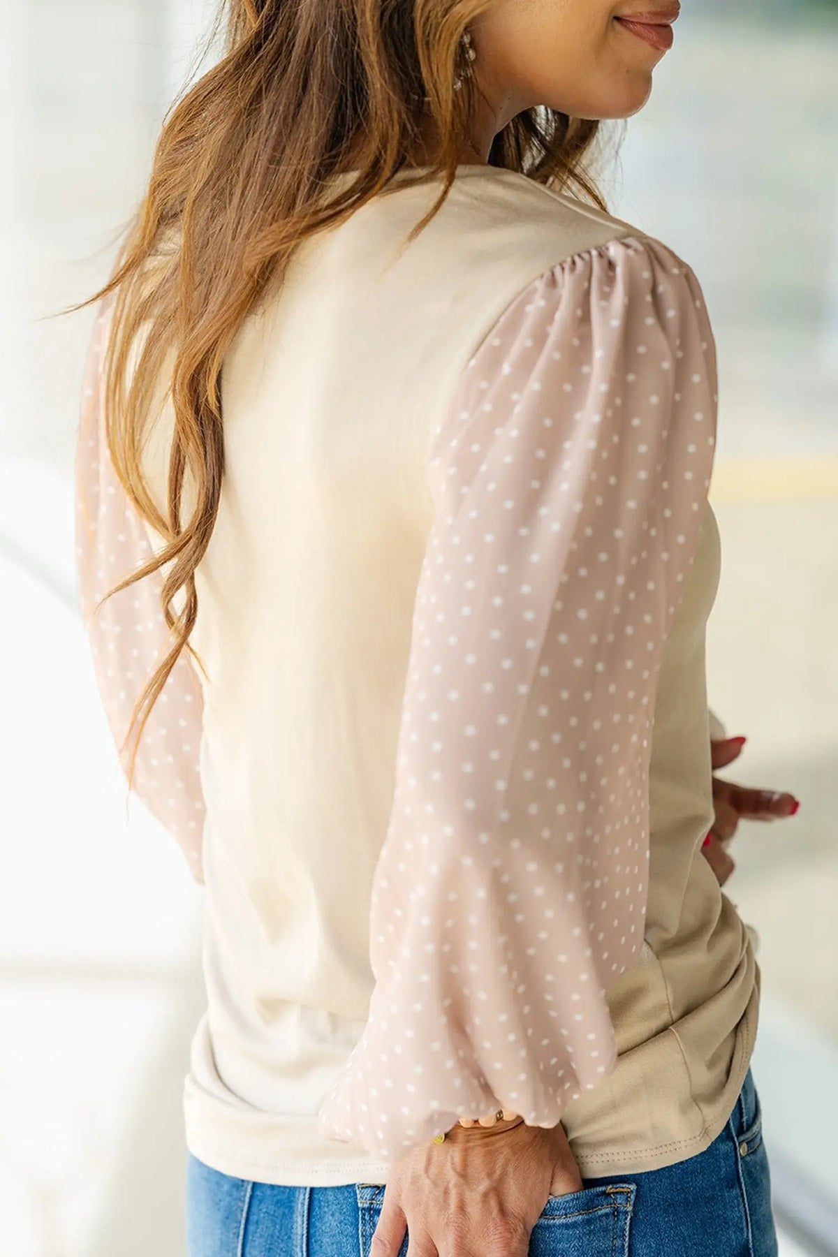 Polka Dot Long Sleeve Round Neck Plus Size Blouse – Parchment