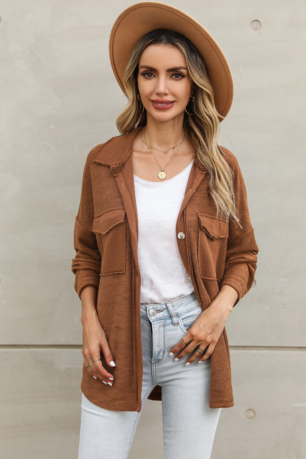 Grey Contrast Flap Pockets Relaxed Shacket Beagle Boutique Fashion Outlet