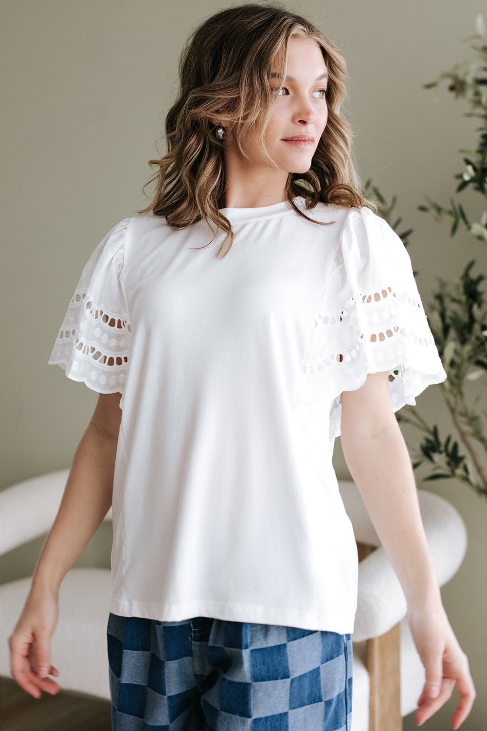 White Hollow Out Embroidered Short Sleeve O Neck Top eAura