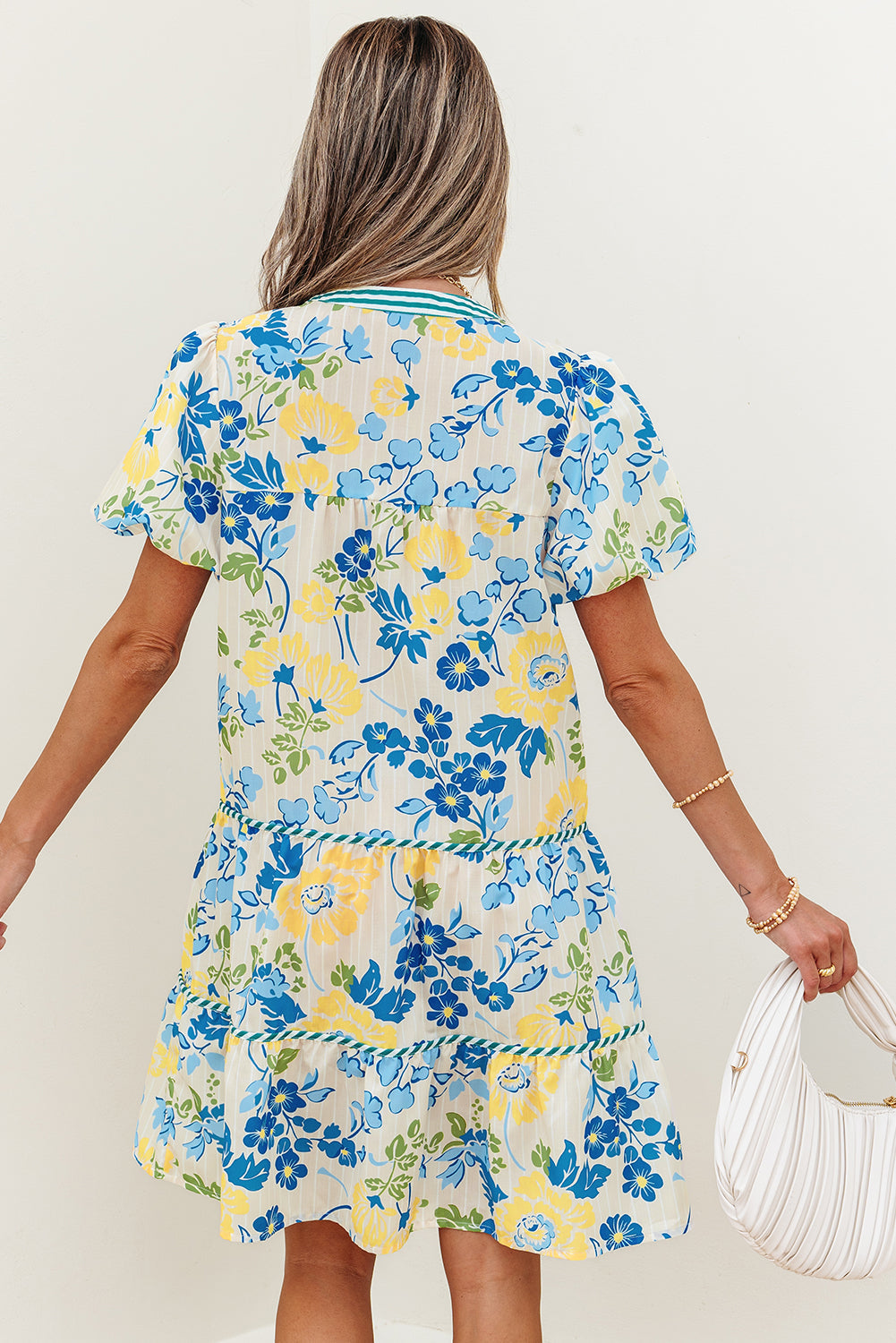 Blue Floral Striped Trim Puff Short Sleeve Dress eAura