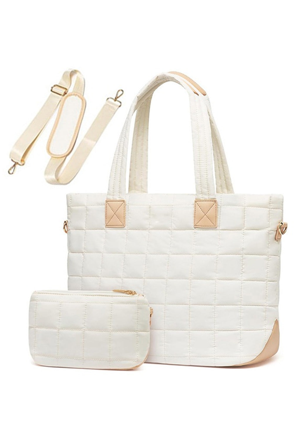 Camel Quiled Patchwork Large Tote Bag and Clutch 2pcs Set