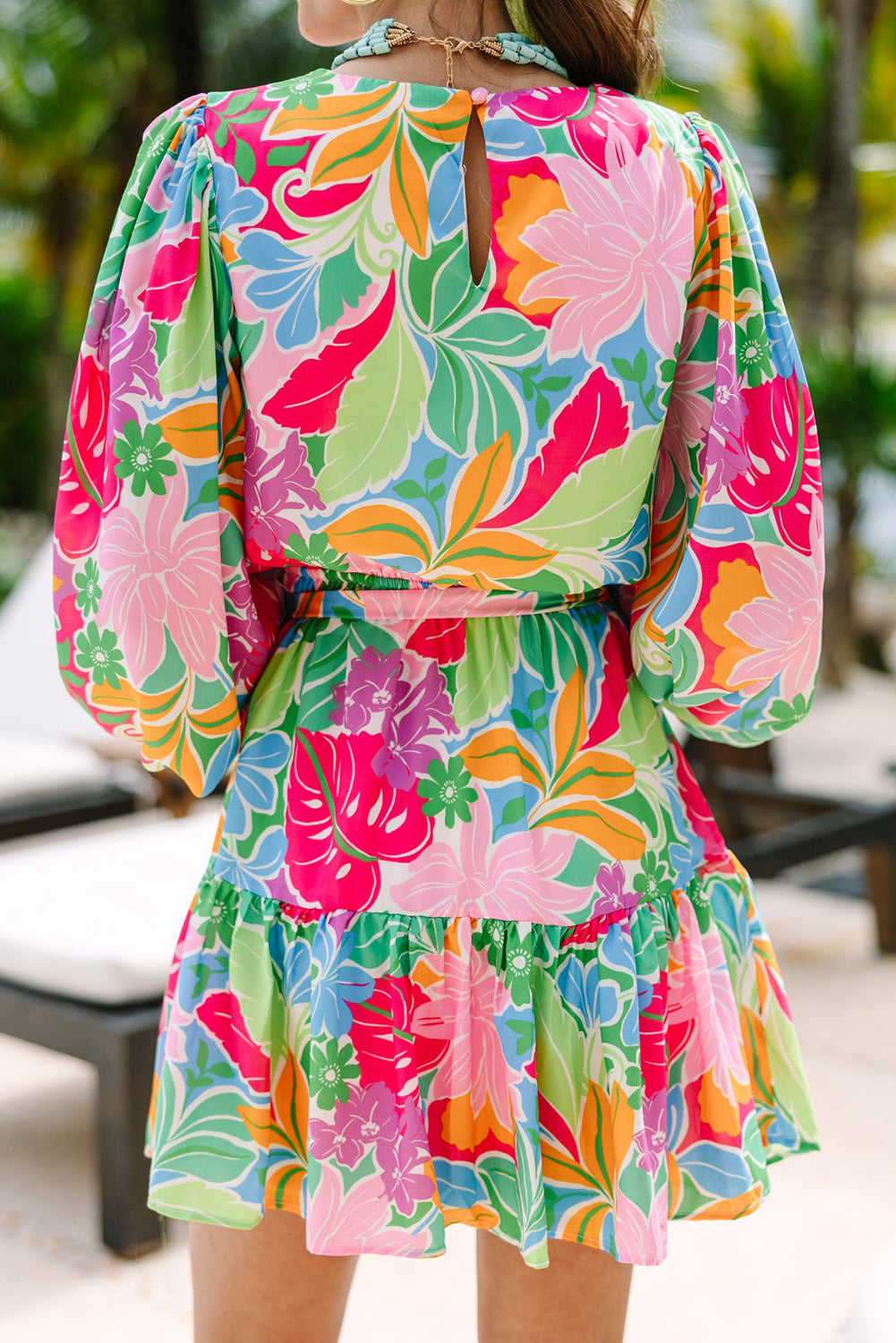 Green MultiColour Botanical Bubble Sleeve Mini Dress eAura