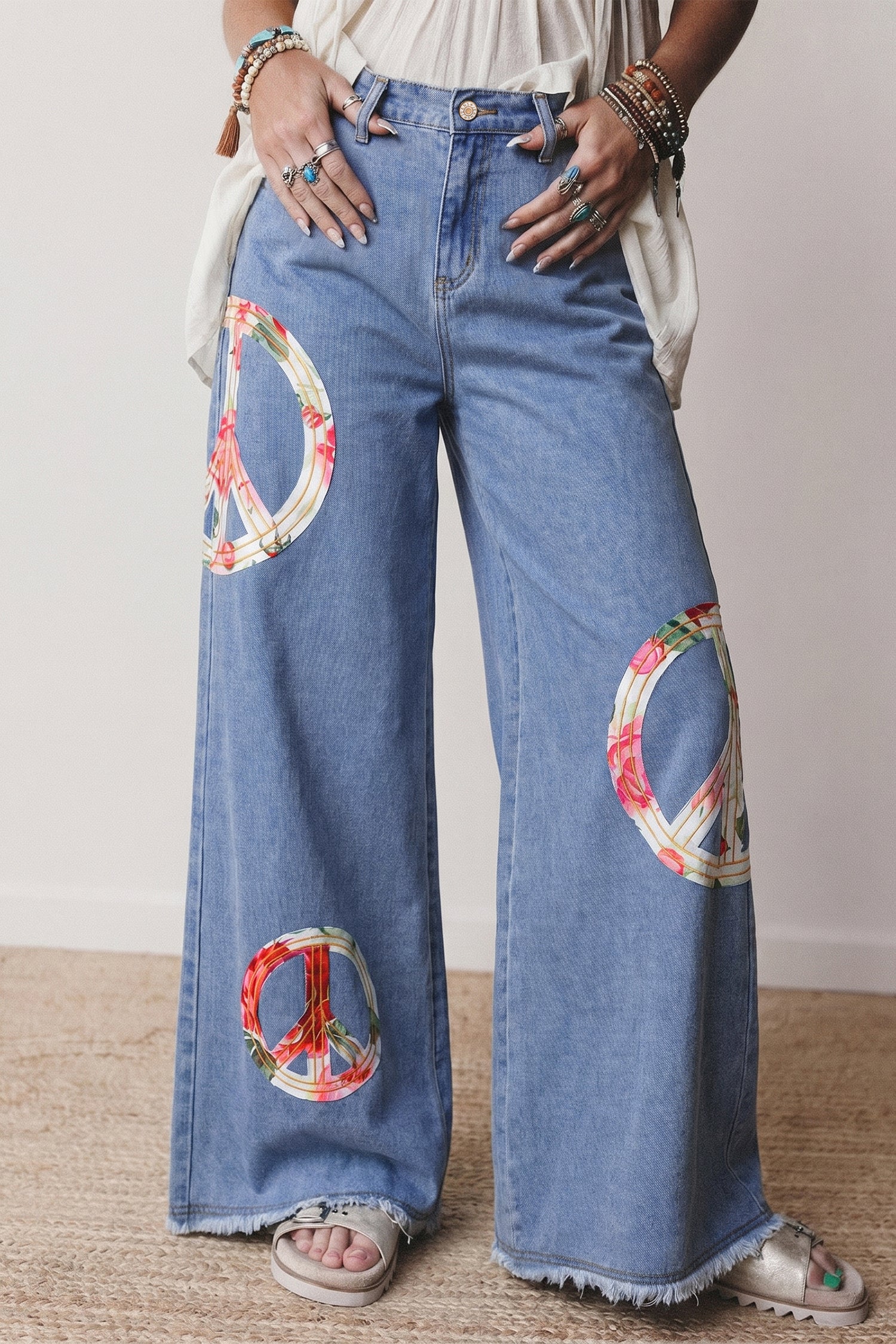 Floral Peace Sign Embroidered Patch Wide Leg Jeans