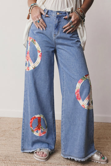 Floral Peace Sign Embroidered Patch Wide Leg Jeans
