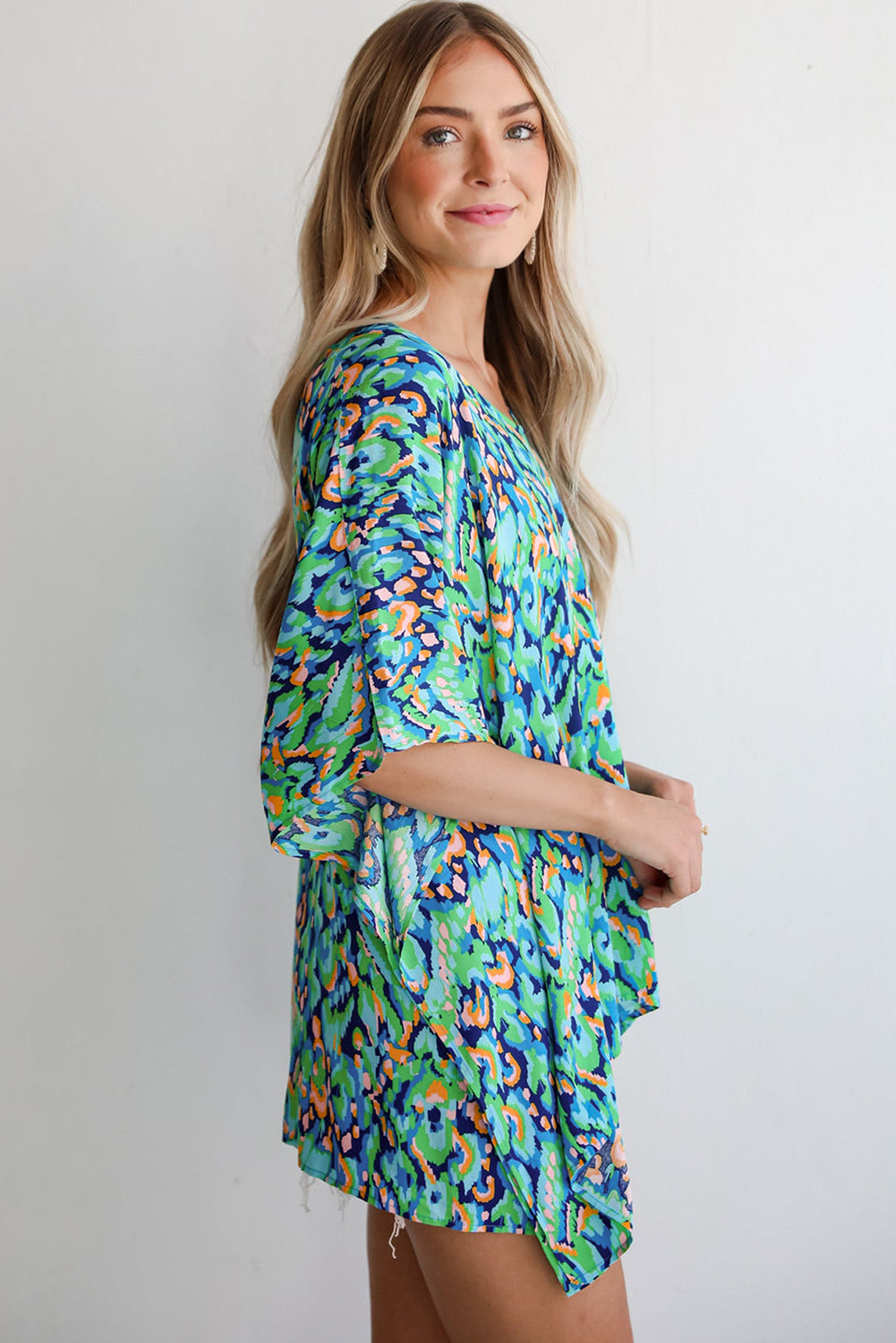 Green Abstract Print V Neck Half Sleeve Loose Fit Tunic Blouse eAura