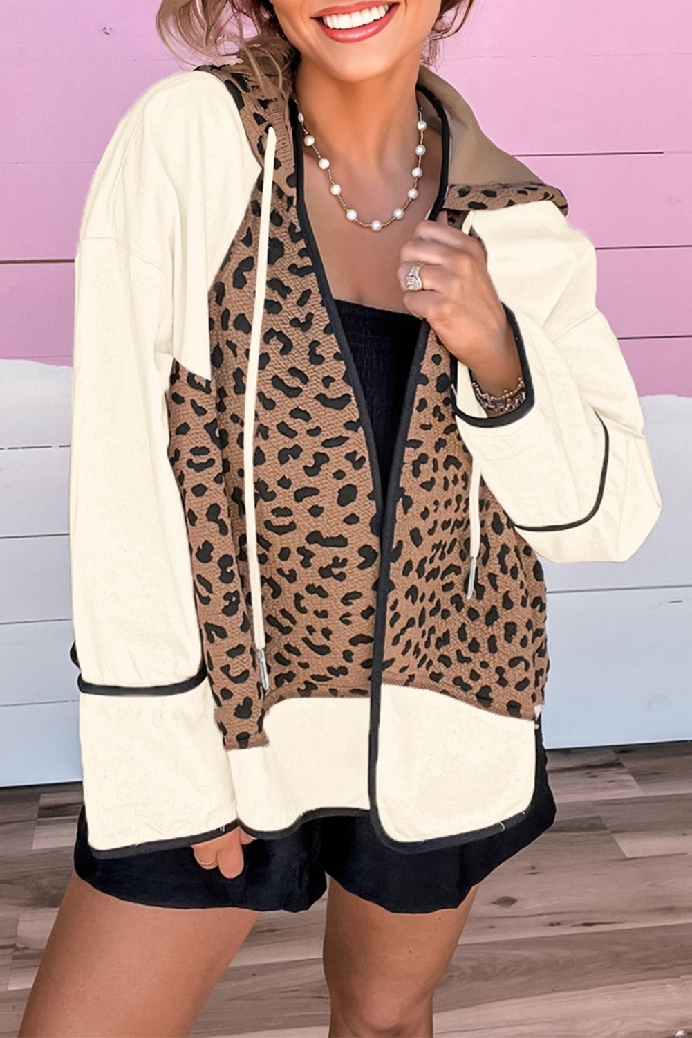 Brown Leopard Hooded Patchwork Contrast Piping Open Front Jacket Dear-Lover Dropshipping