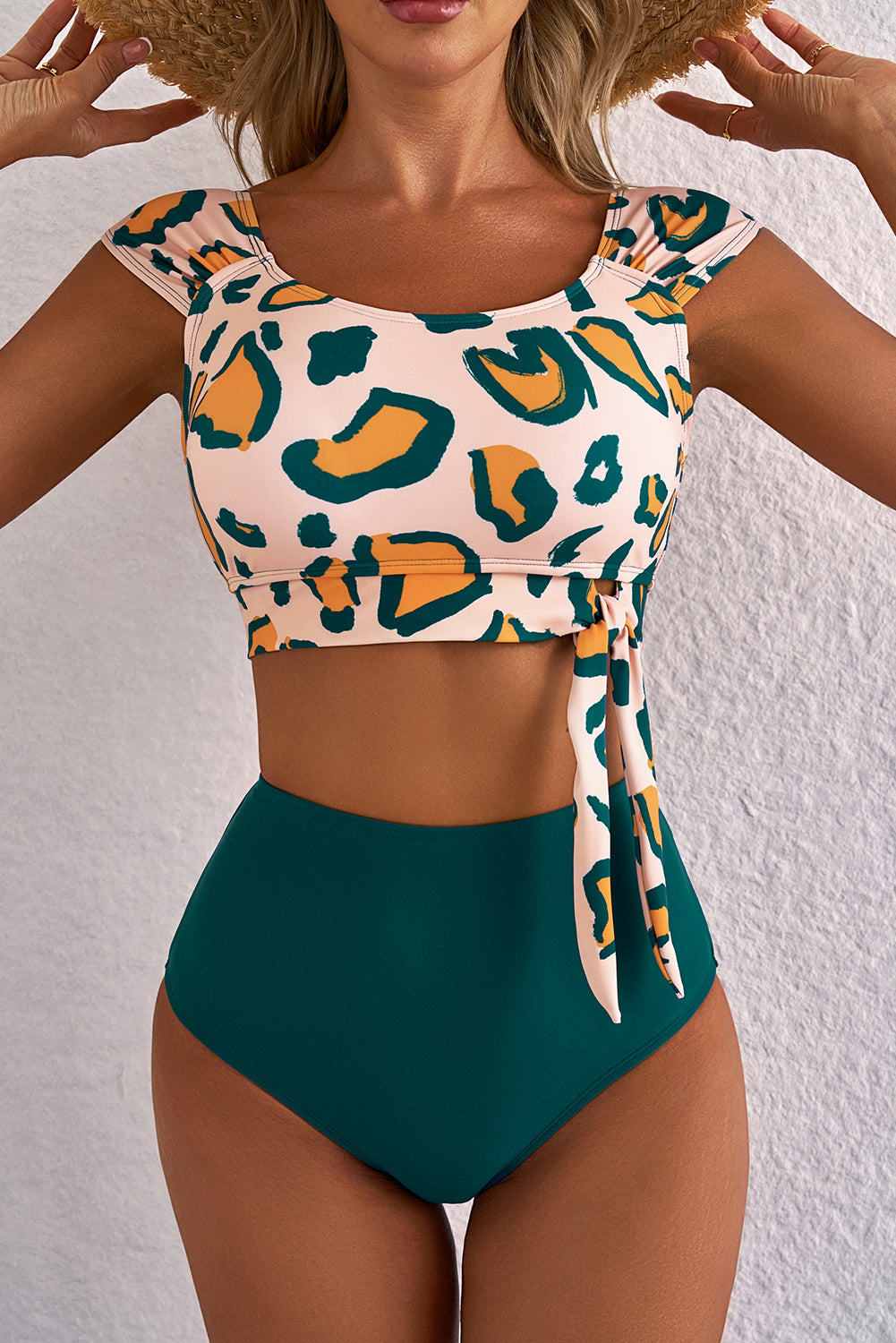 Green Leopard Print U Neck Knotted High Waist Bikini Set eAura