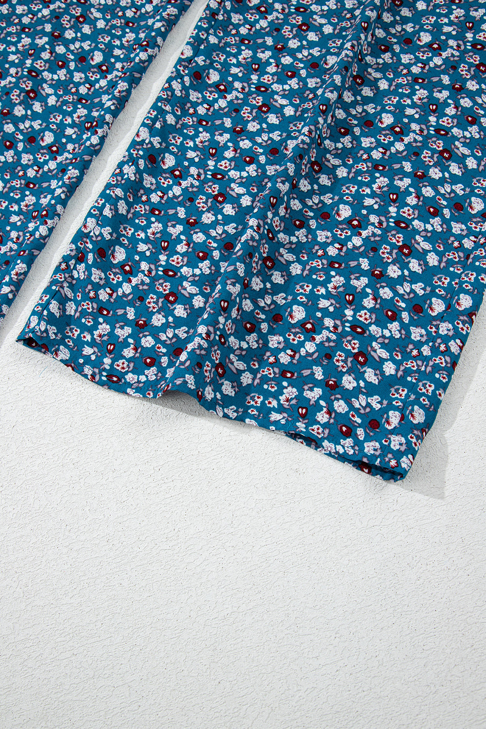 Blue Vintage Boho Floral Smocked Short Puff Sleeve Wide Leg Jumpsuit eAura