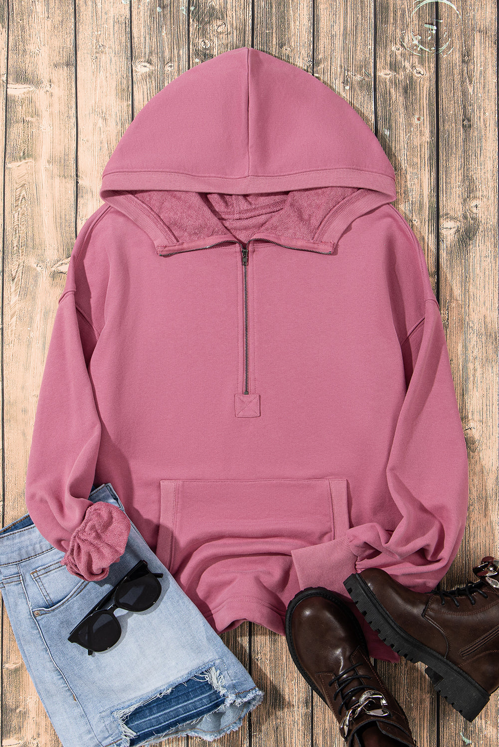Valerian Solid Kangaroo Pocket Half Zipper Oversized Hoodie eAura