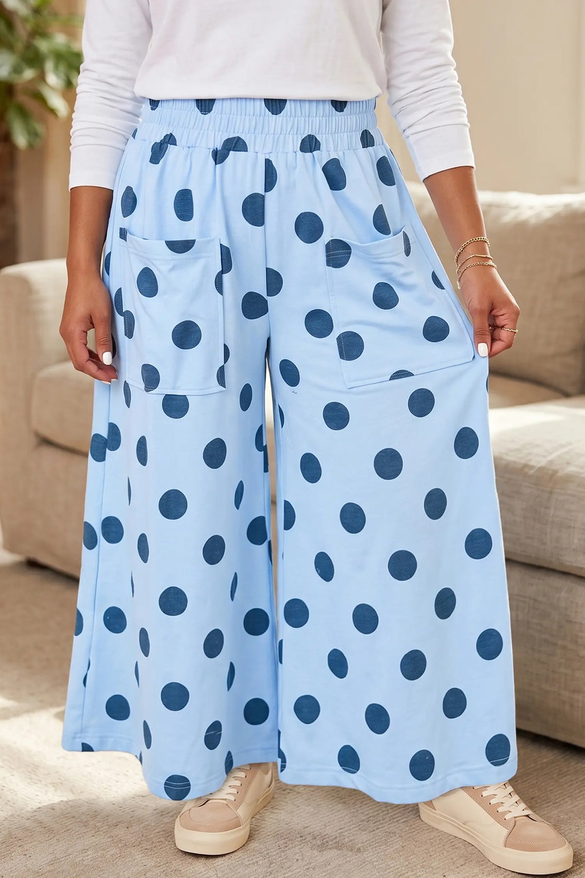 Polka Dot Elastic Waist Wide Leg Plus Size Pants – Khaki