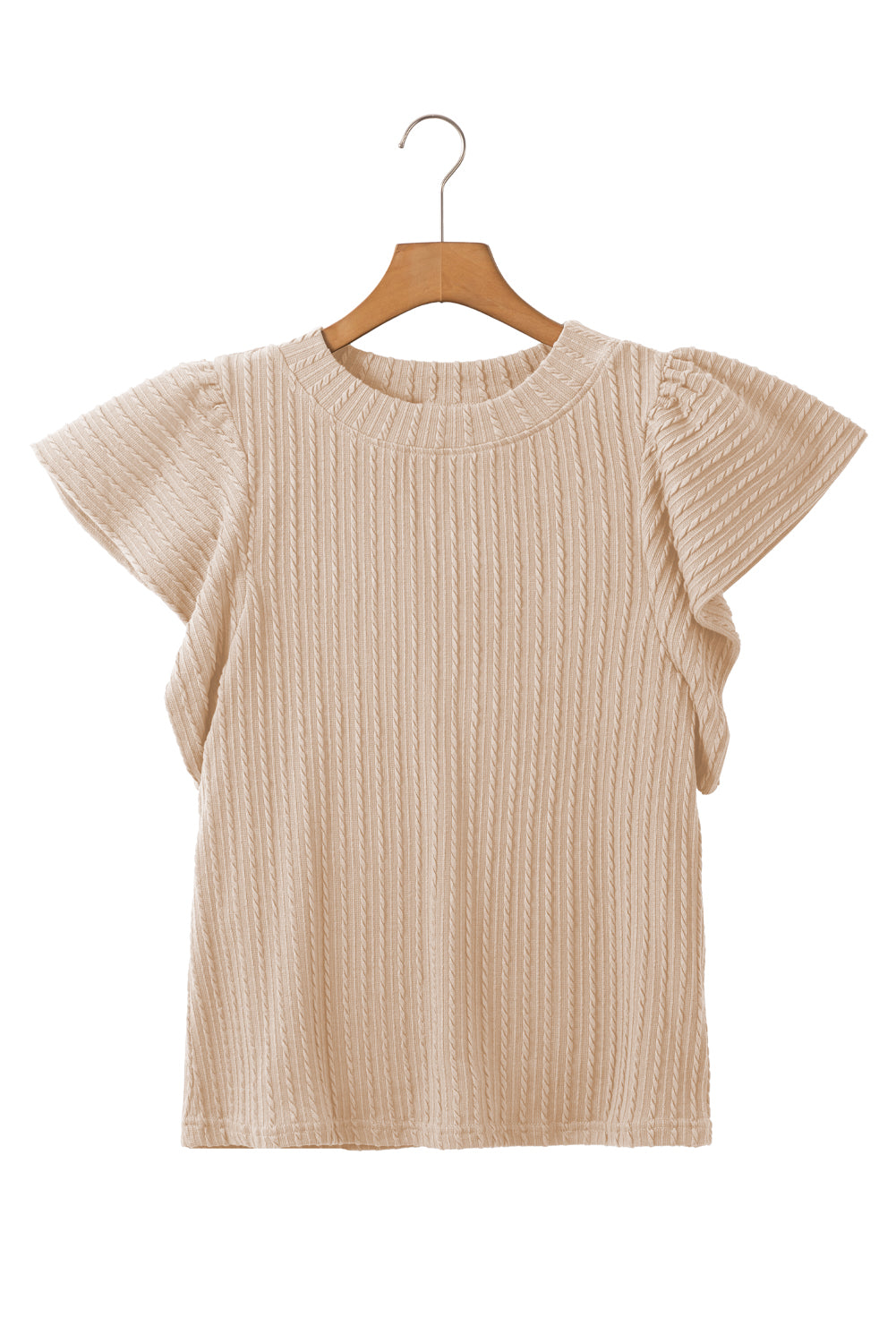 Beige Solid Colour Textured Flutter Sleeve Top eAura