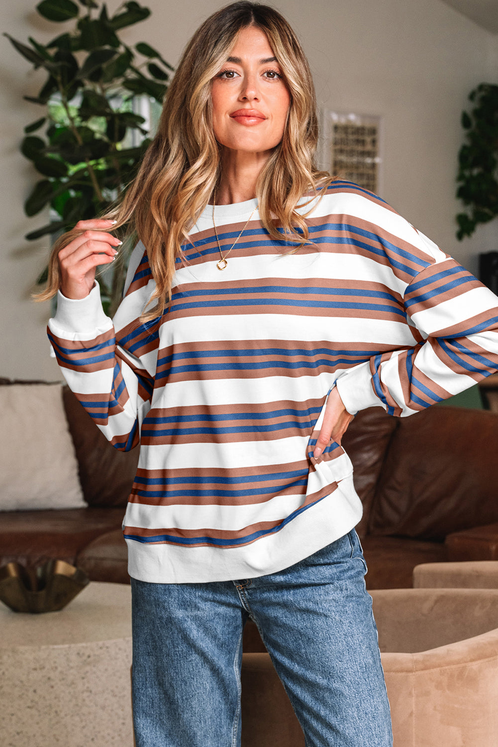 Stripe Crew Neck Drop Shoulder Pullover Sweatshirt - eAura