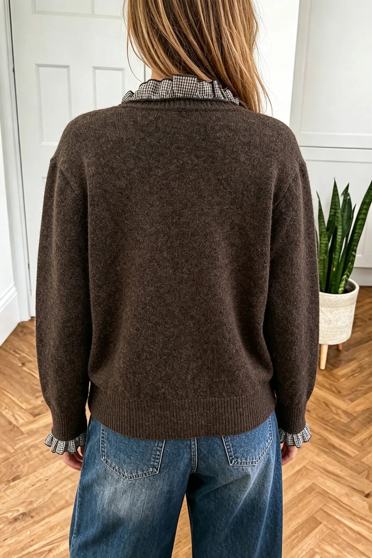 Cardigan Patchwork Ruffle Trim Button Sweater