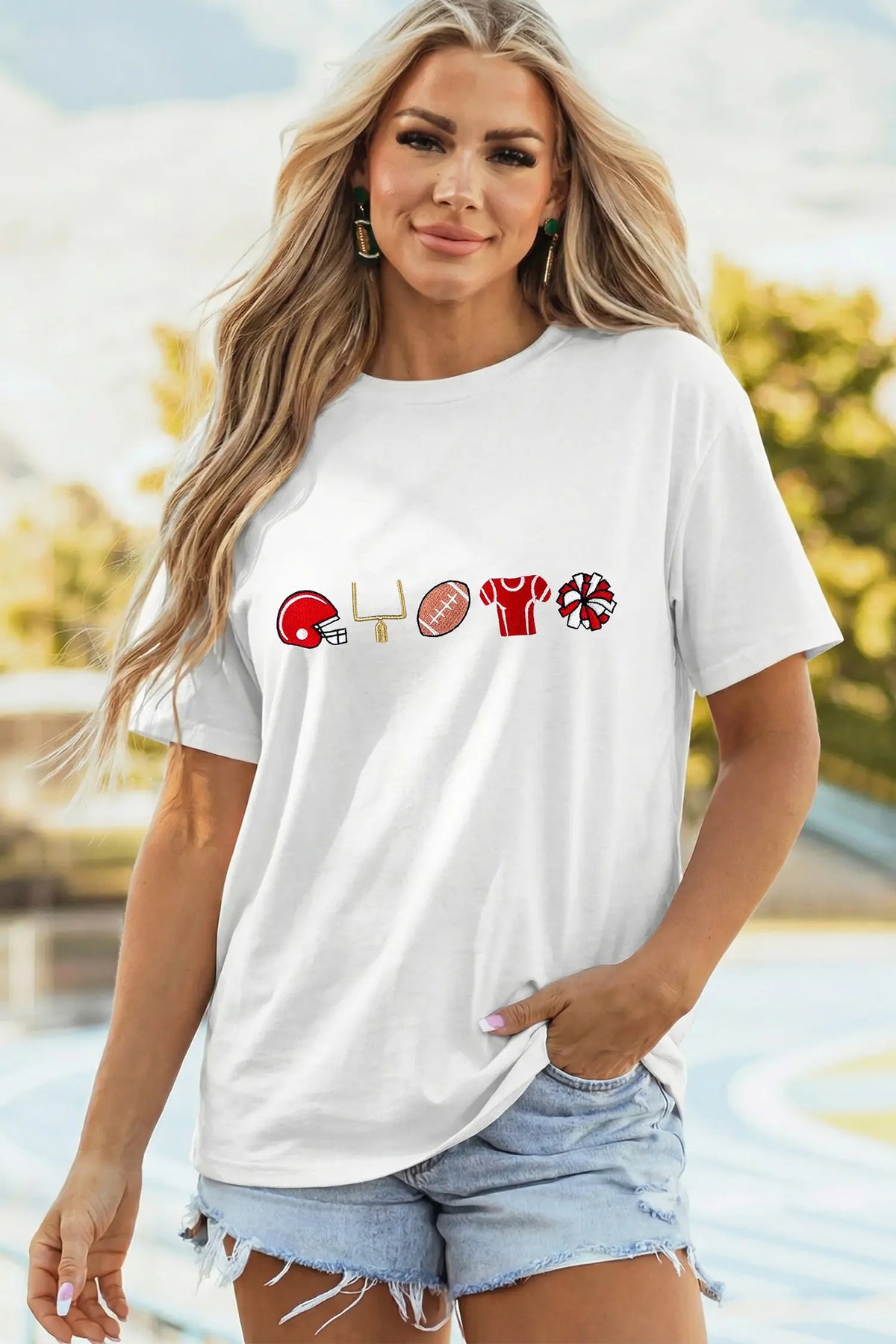 Embroidered Game Day Theme Football Graphic Tee – White