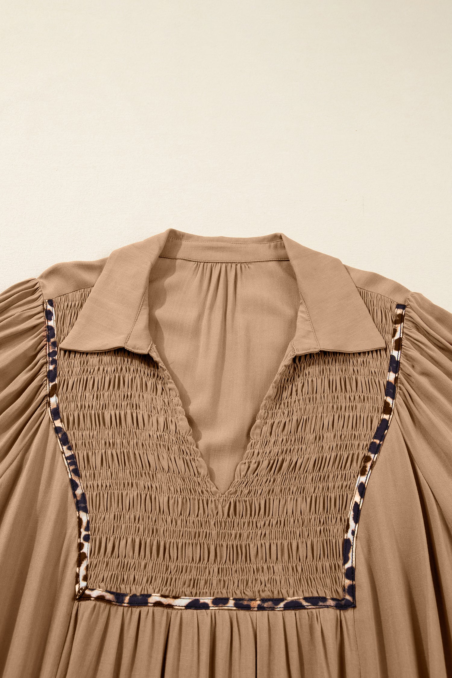 Smocked V-Neckline Leopard Piping Accent Bracelet Plus Size Long Dress - eAura