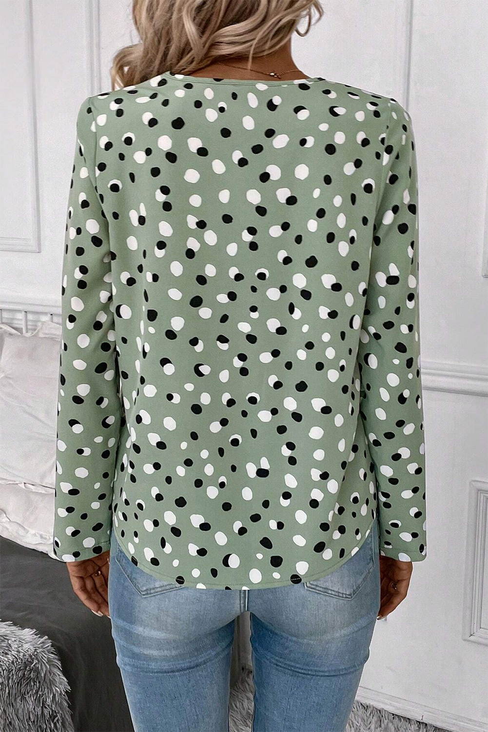 Green Dotted Print Button Front V-Neck Blouse