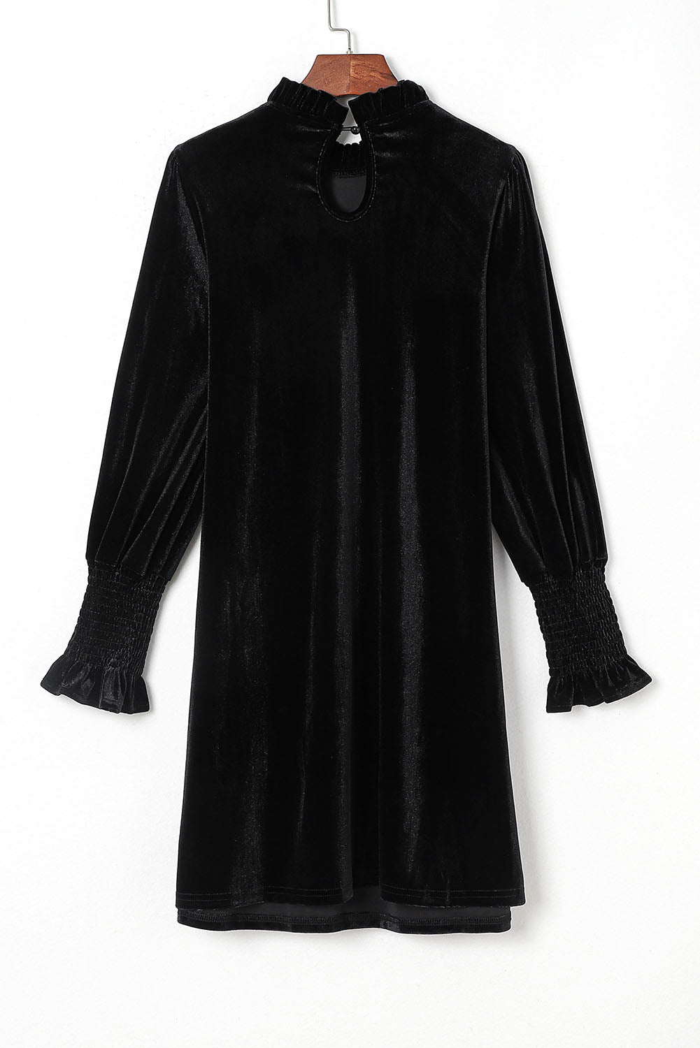 Black Velvet Frill Neck Long Sleeve Shift Dress - eAura