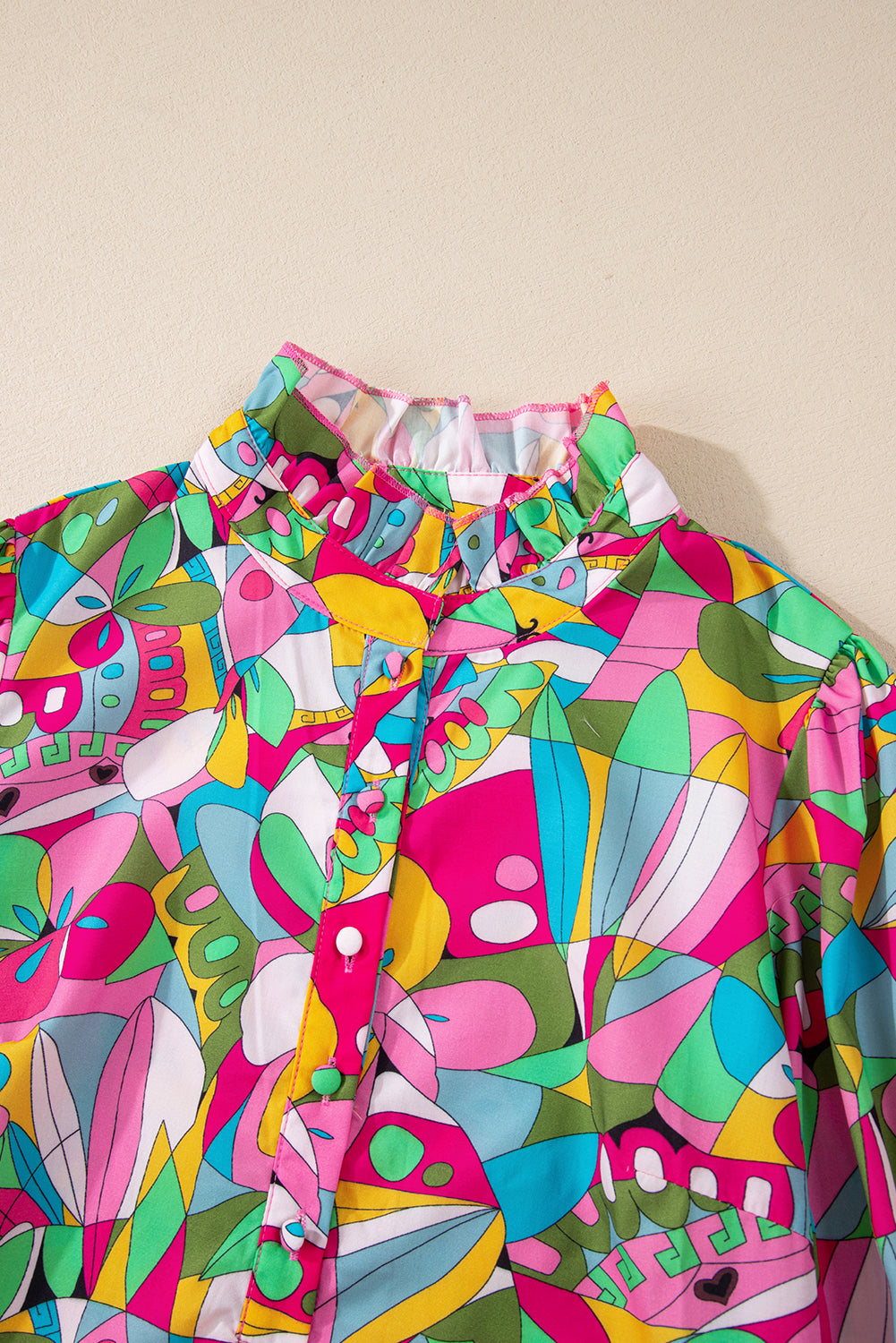 Pink Abstract Printed Lantern Sleeve Buttoned Mini Dress eAura