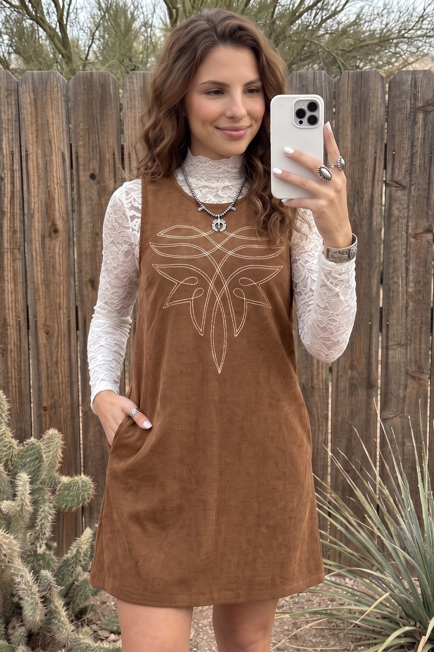 Geometric Embroidery Sleeveless Corduroy Shift Dress – Coffee