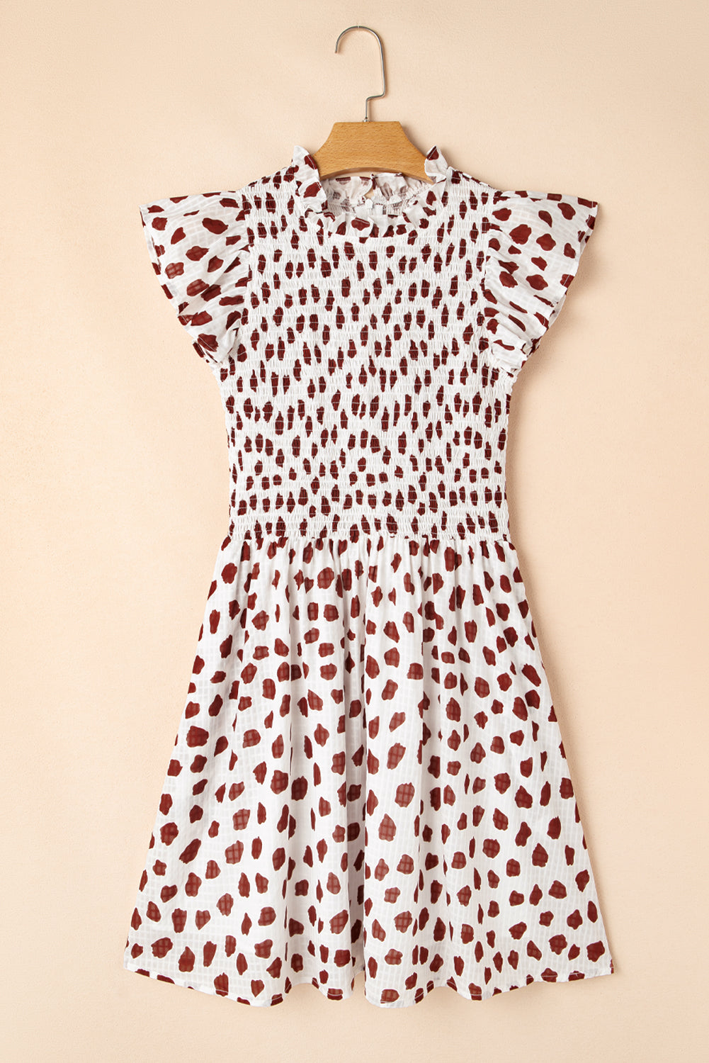 Brown Abstract Printed Flutter Sleeve Smocked Bodice Short Dress eAura