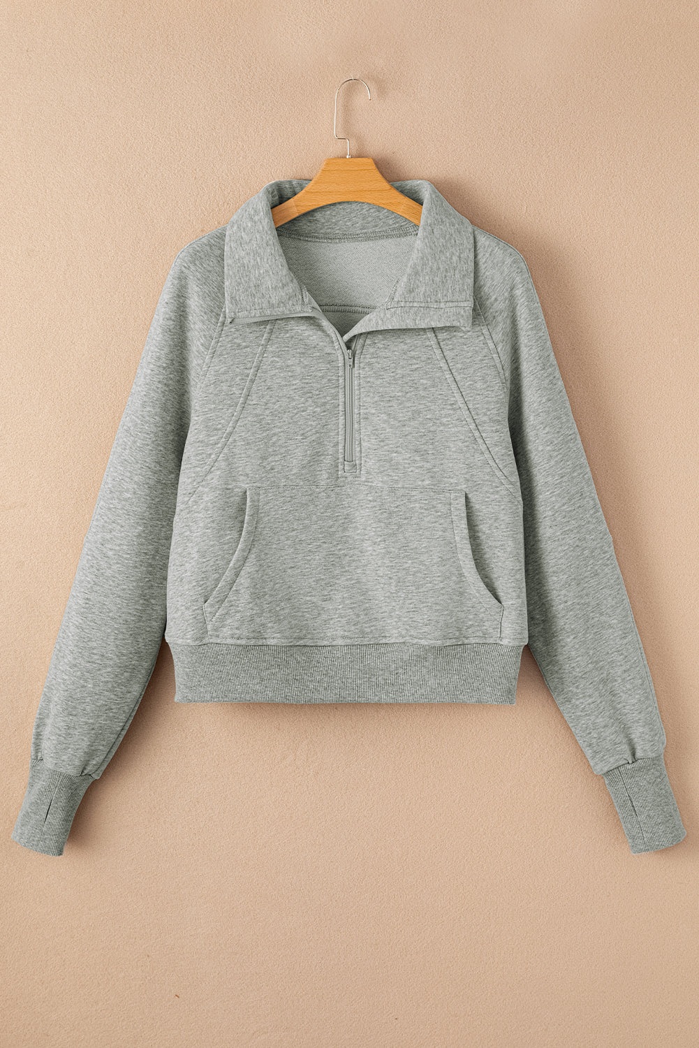 Brown Fleece Lined Zip Up Stand Collar Thumbhole Sleeve Sweatshirt eAura