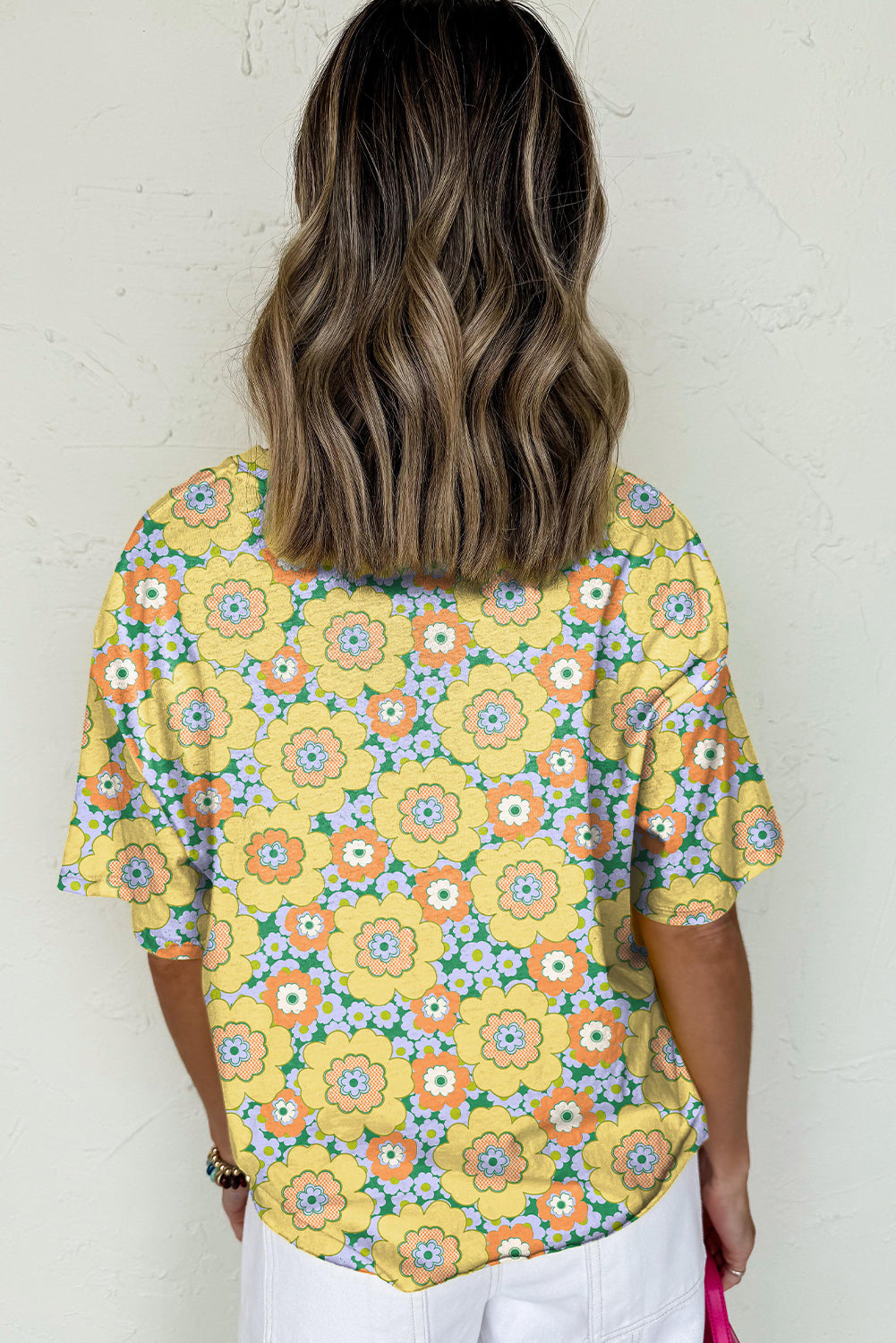 Yellow Summer Flower Printed Drop Shoulder Loose T Shirt eAura