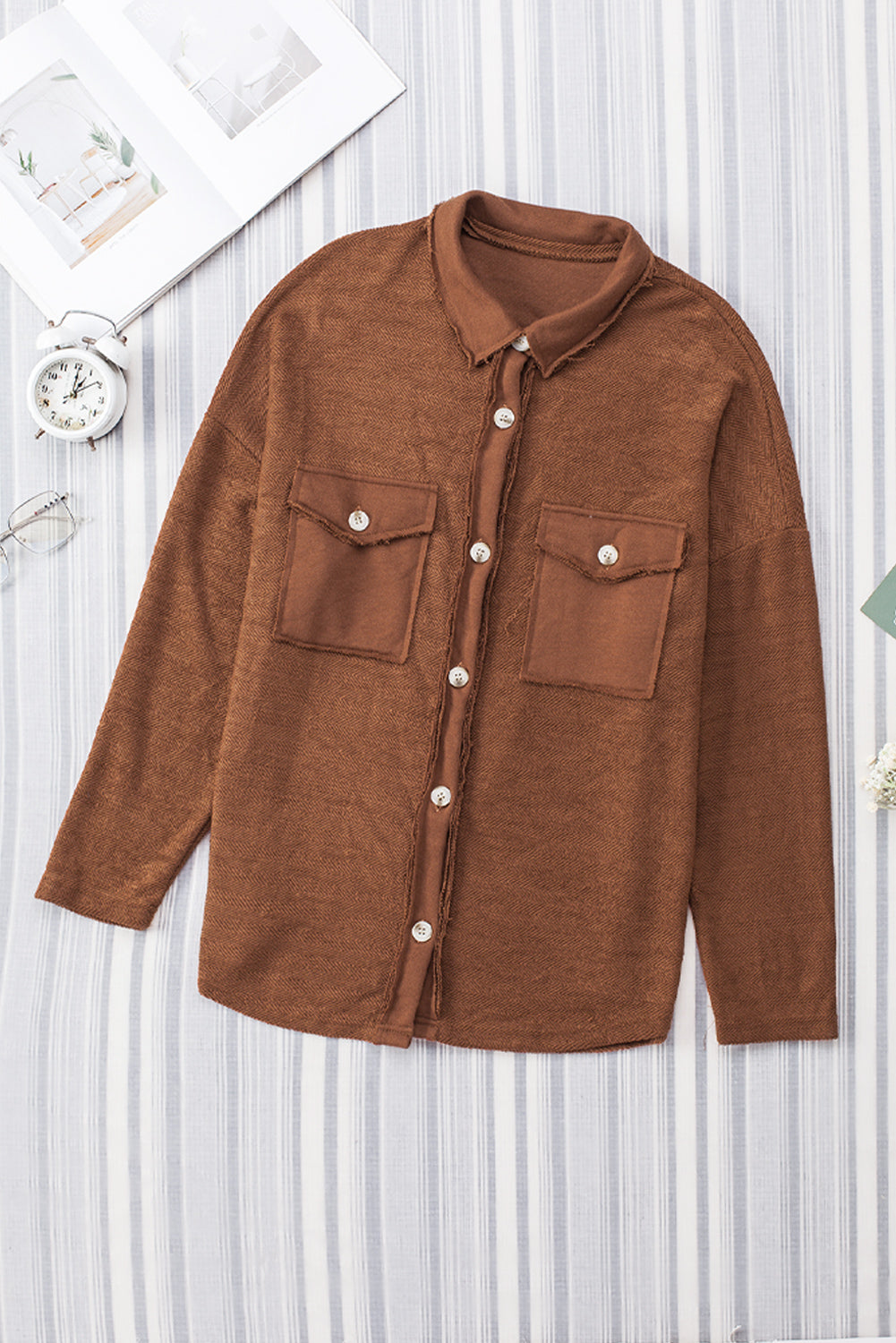 Grey Contrast Flap Pockets Relaxed Shacket Beagle Boutique Fashion Outlet
