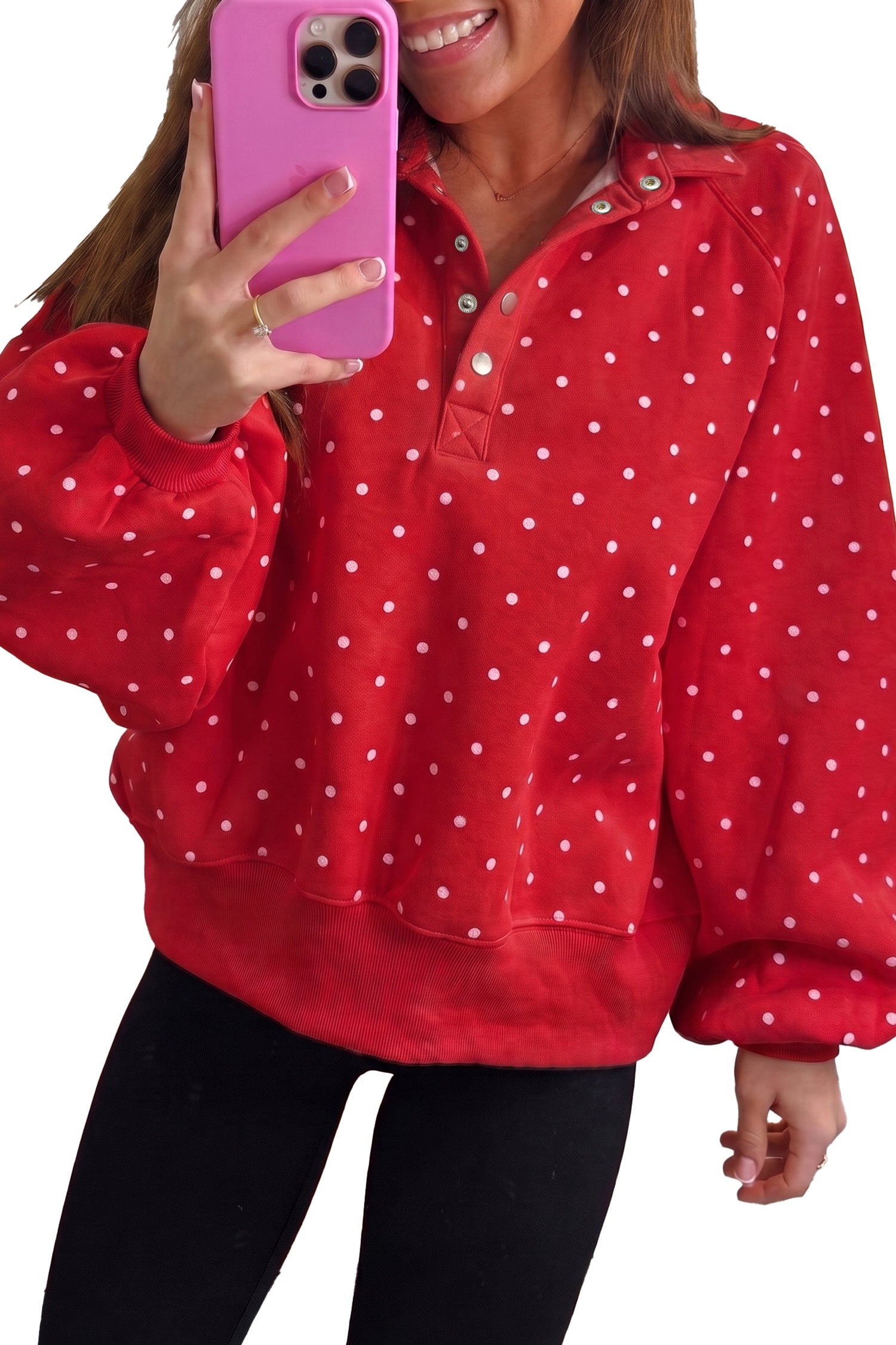 Polka Dot Print Metal Button Collar Casual Pullover Sweatshirt – Red