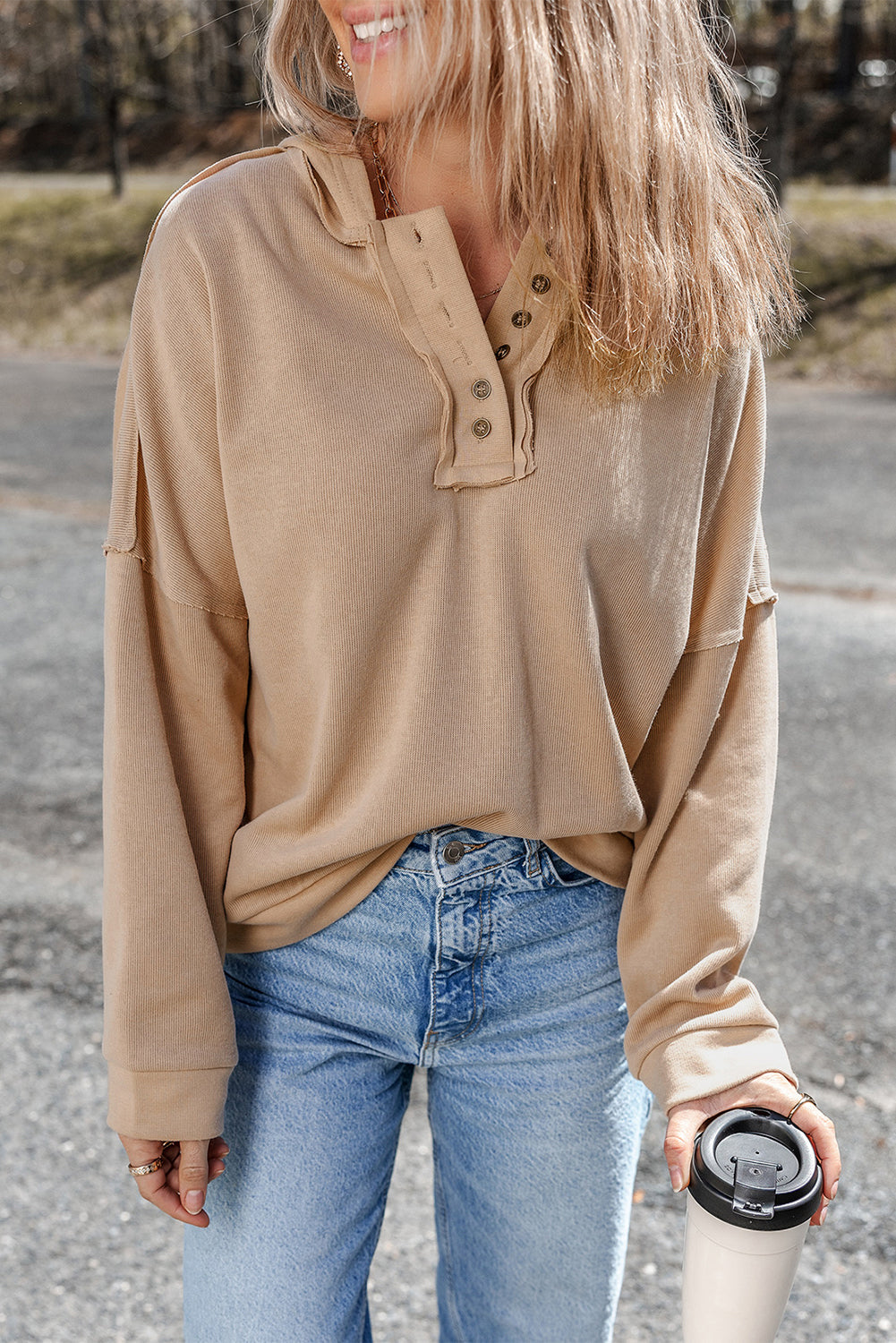 Pink Casual Button Solid Patchwork Trim Hoodie eAura