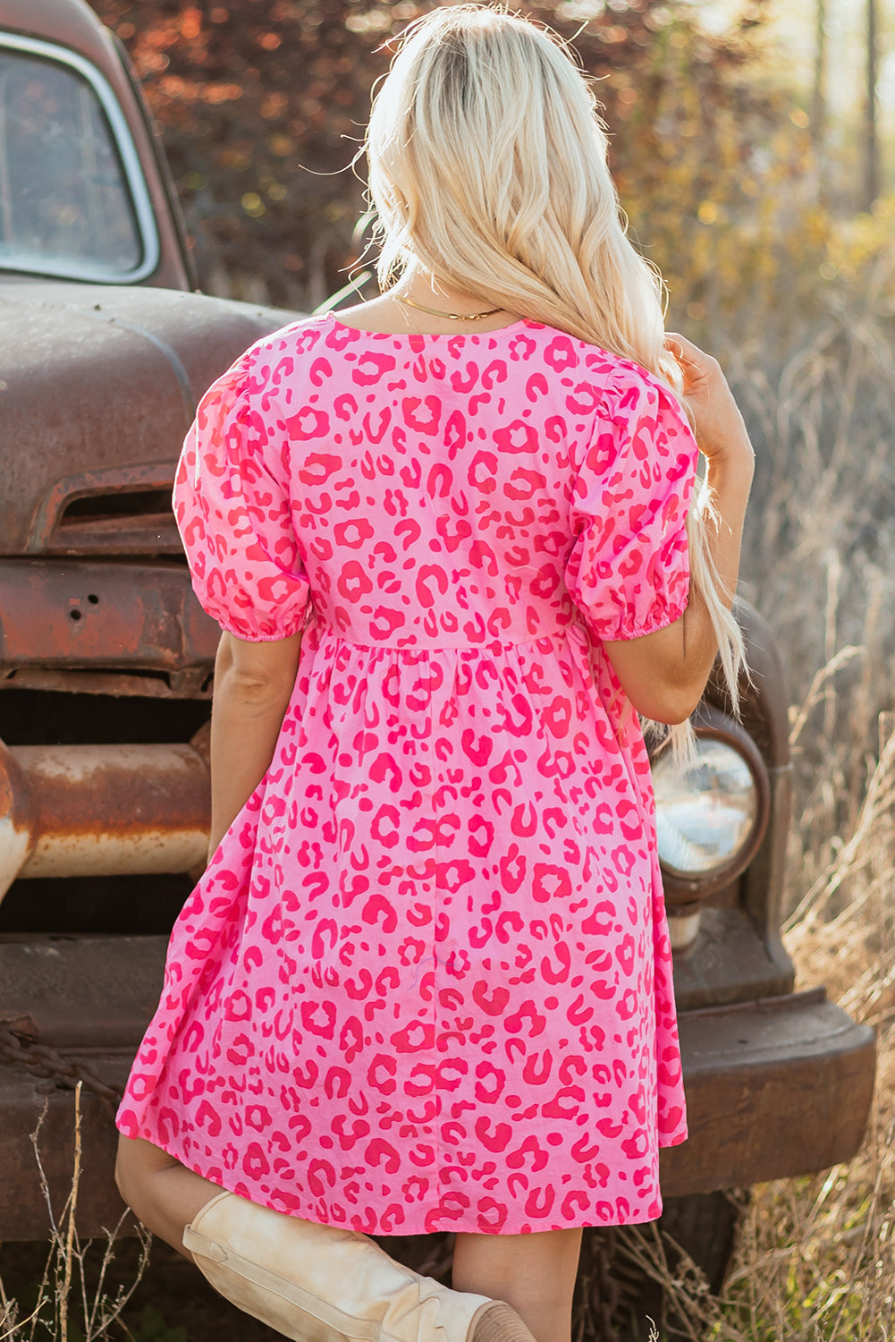 Rose Leopard Puff Sleeve Tie Front High Waist Mini Dress eAura