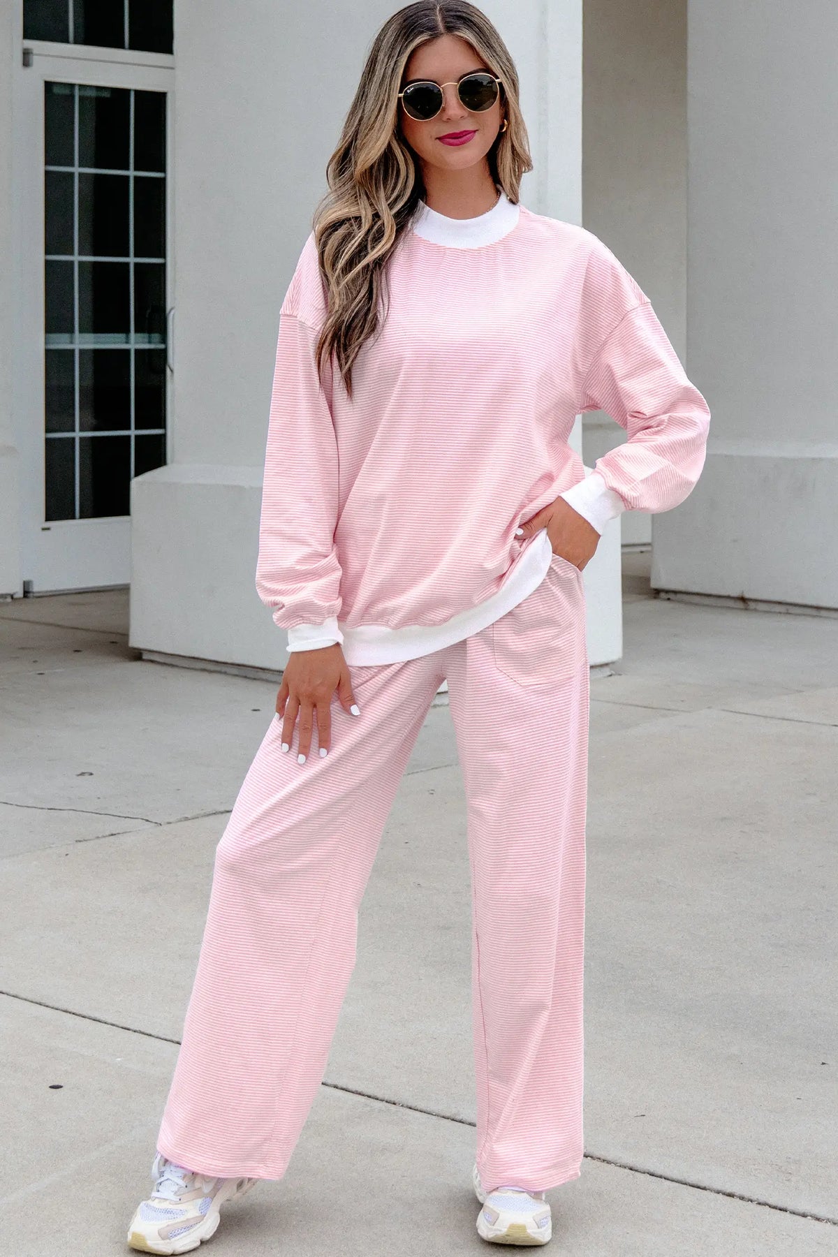 Colour Block Trim Mock Neck Pullover Drawstring Pants Casual Outfit – Pink Stripe