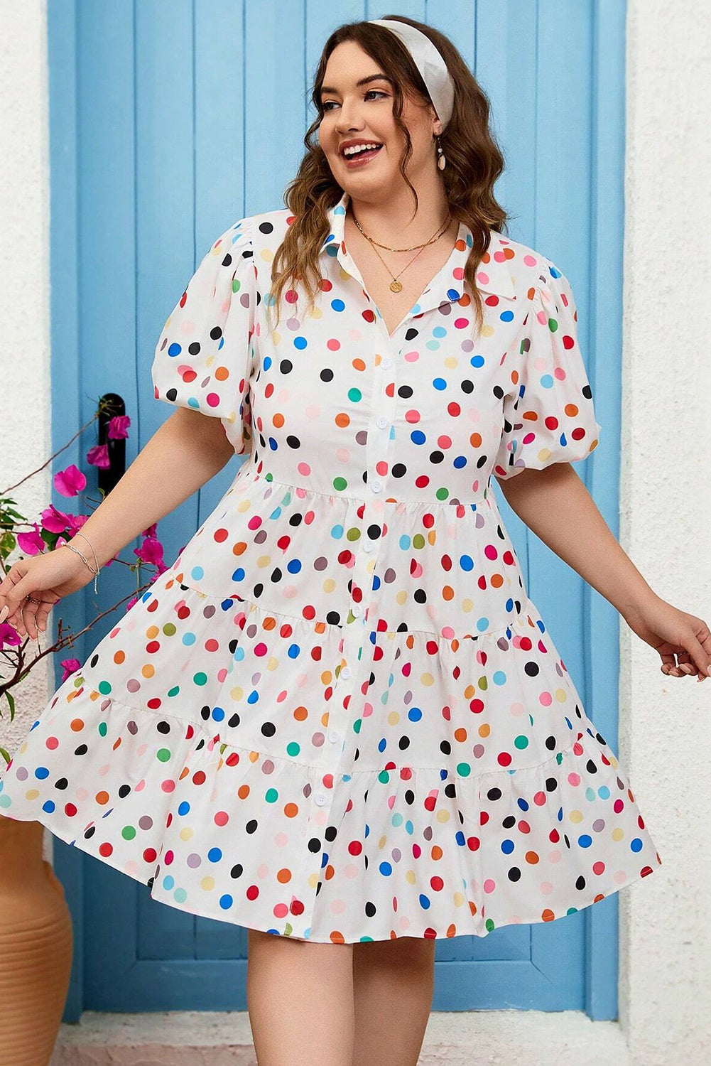 White Polka Dot Print Bubble Sleeve Button Up Plus Size Shirt Dress BB Fashion Outlet