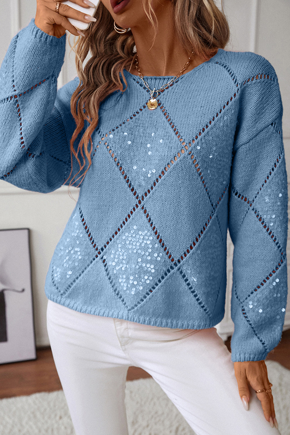 Hollowed Rhombus Pattern Sequin Detail Round Neck Sweater eAura