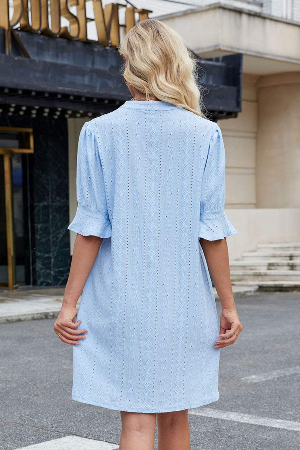 Beau Blue Jacquard Texture Flared Short Sleeve Notched Neck Mini Dress eAura