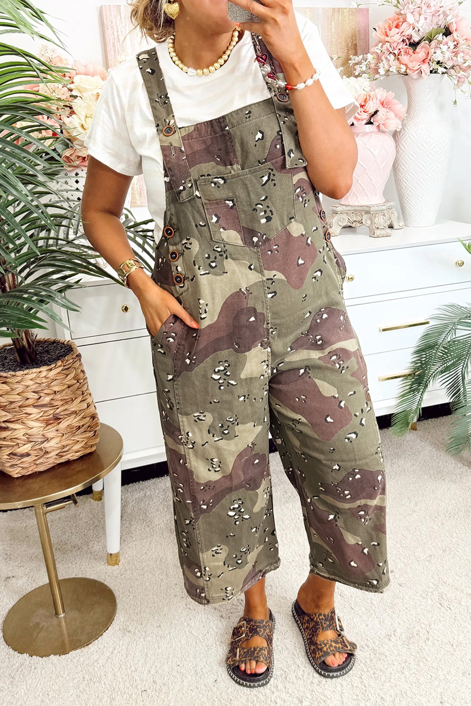 Camouflage Print Leopard Detail Loose Denim Overall Cropped Jumpsuit – Green