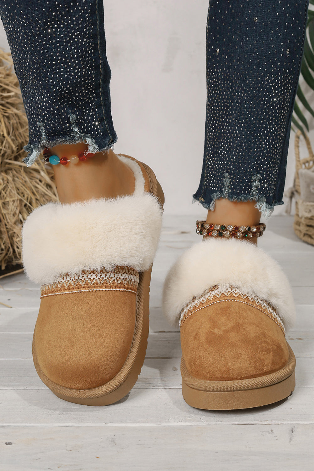 Faux Suede Fuzzy Warm Slippers