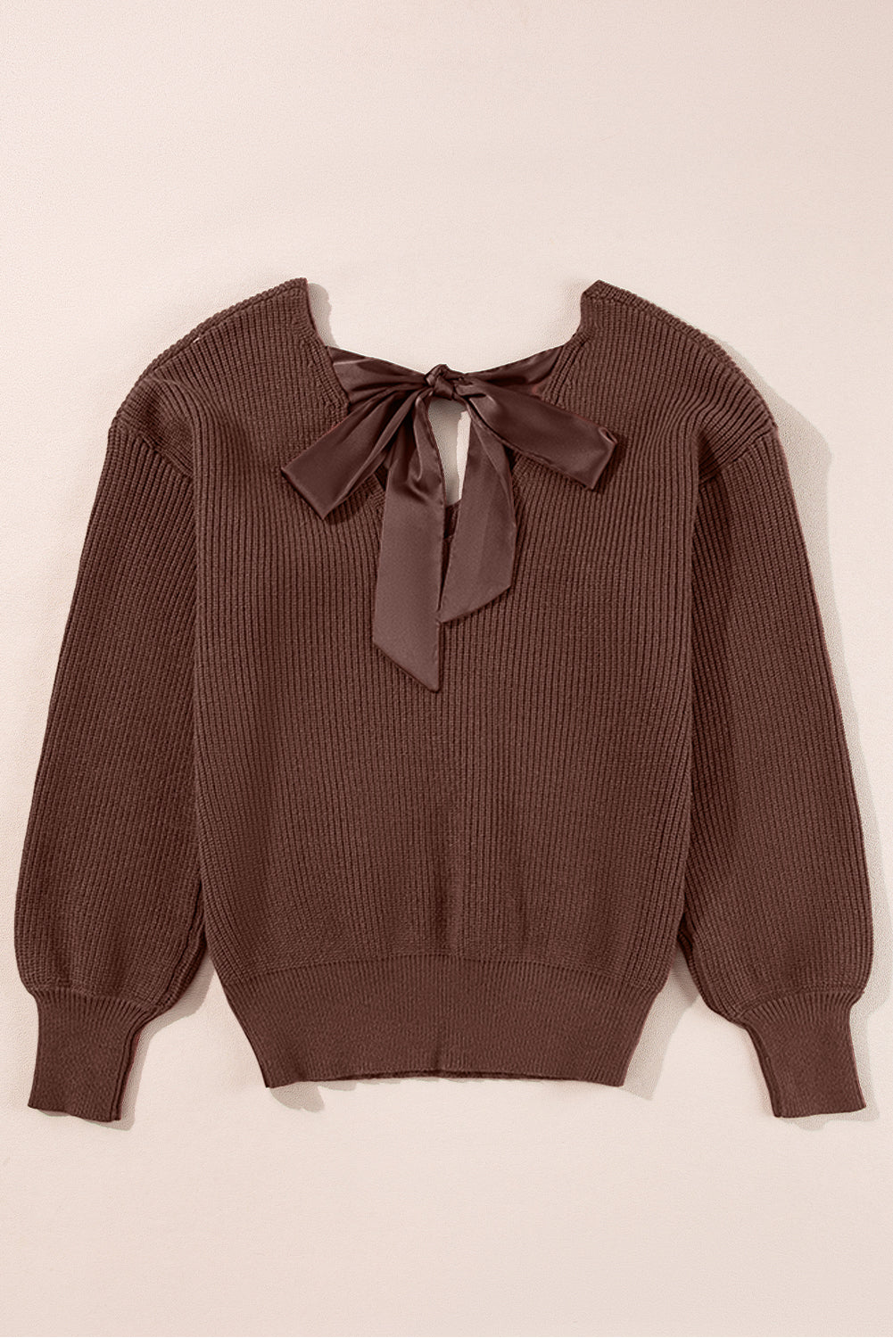 Coffee Lantern Sleeve V Neck Knot Back Sweater eAura