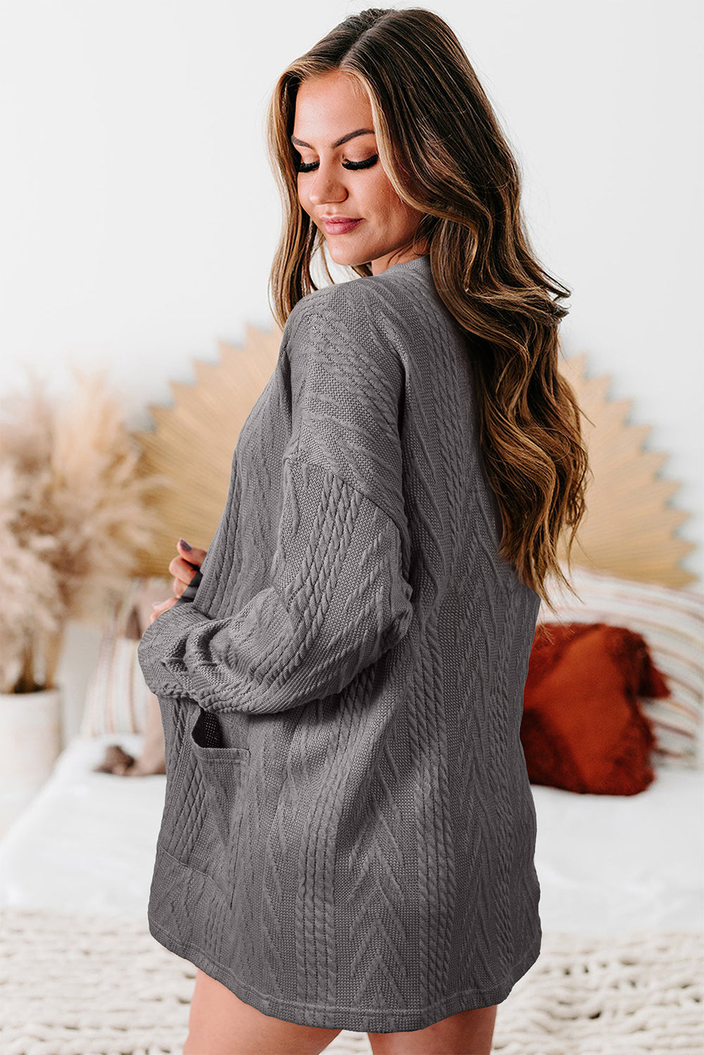 Medium Grey  Solid Textured Open Front Cardigan with Pocket Beagle Boutique Fashion Outlet