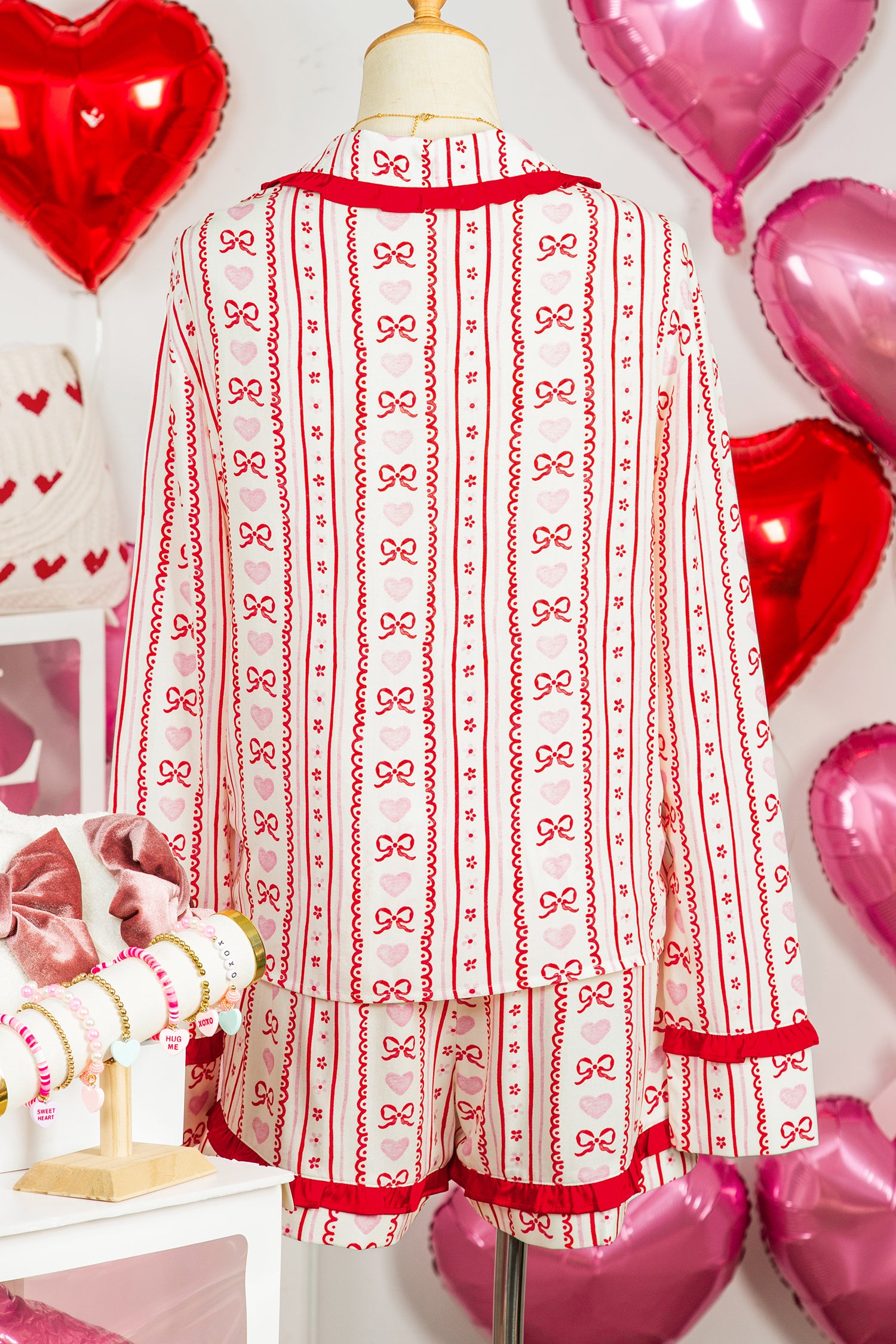 Sweet Floral Heart Bow Print Contrast Trim Long Sleeve Shirt Pajama Short Set – Red
