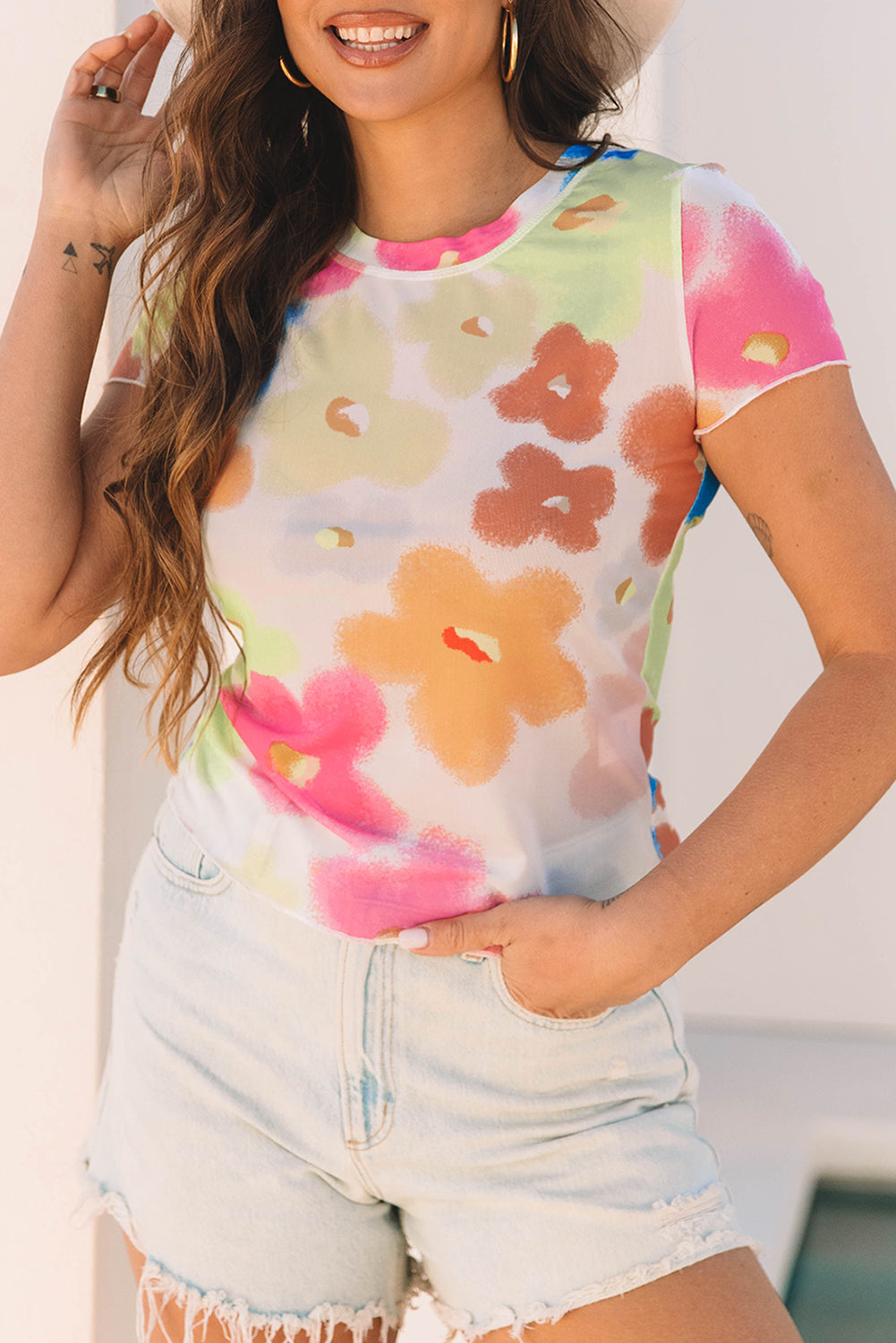 Multicolour Floral Mesh Lettuce Trim Cropped T Shirt eAura