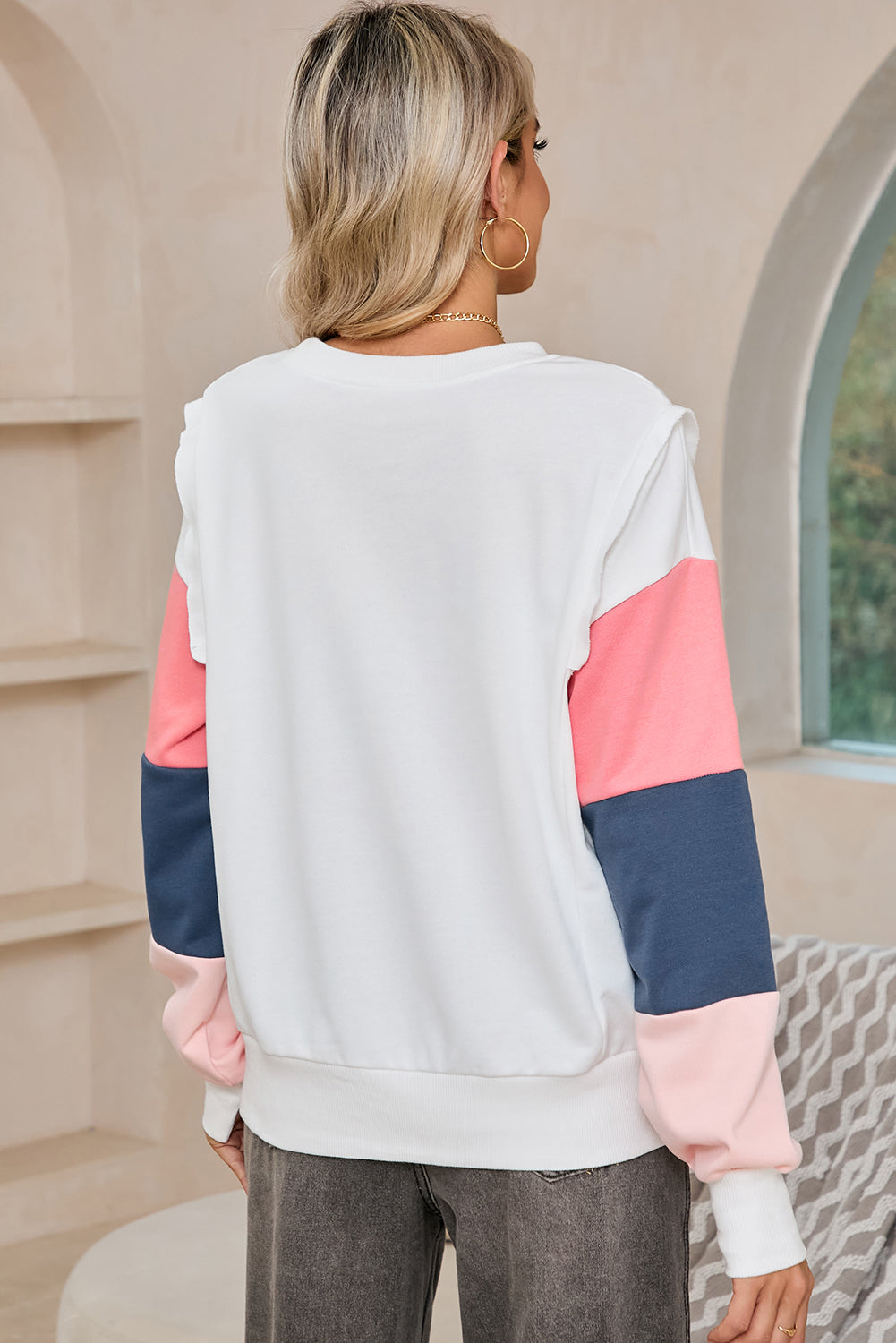 White Colour Block Sleeve Ribbed Trim Long Sleeve Top BBs