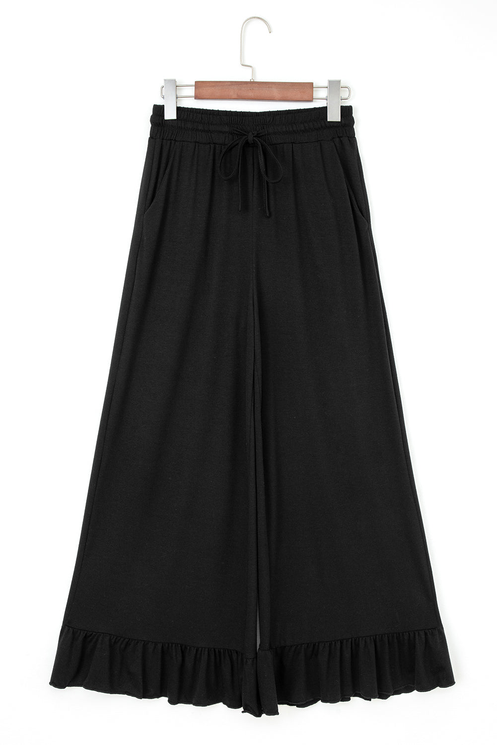 Ruffled Wide Leg Pull On High Waist Trousers with Pockets - Bottoms/Wide